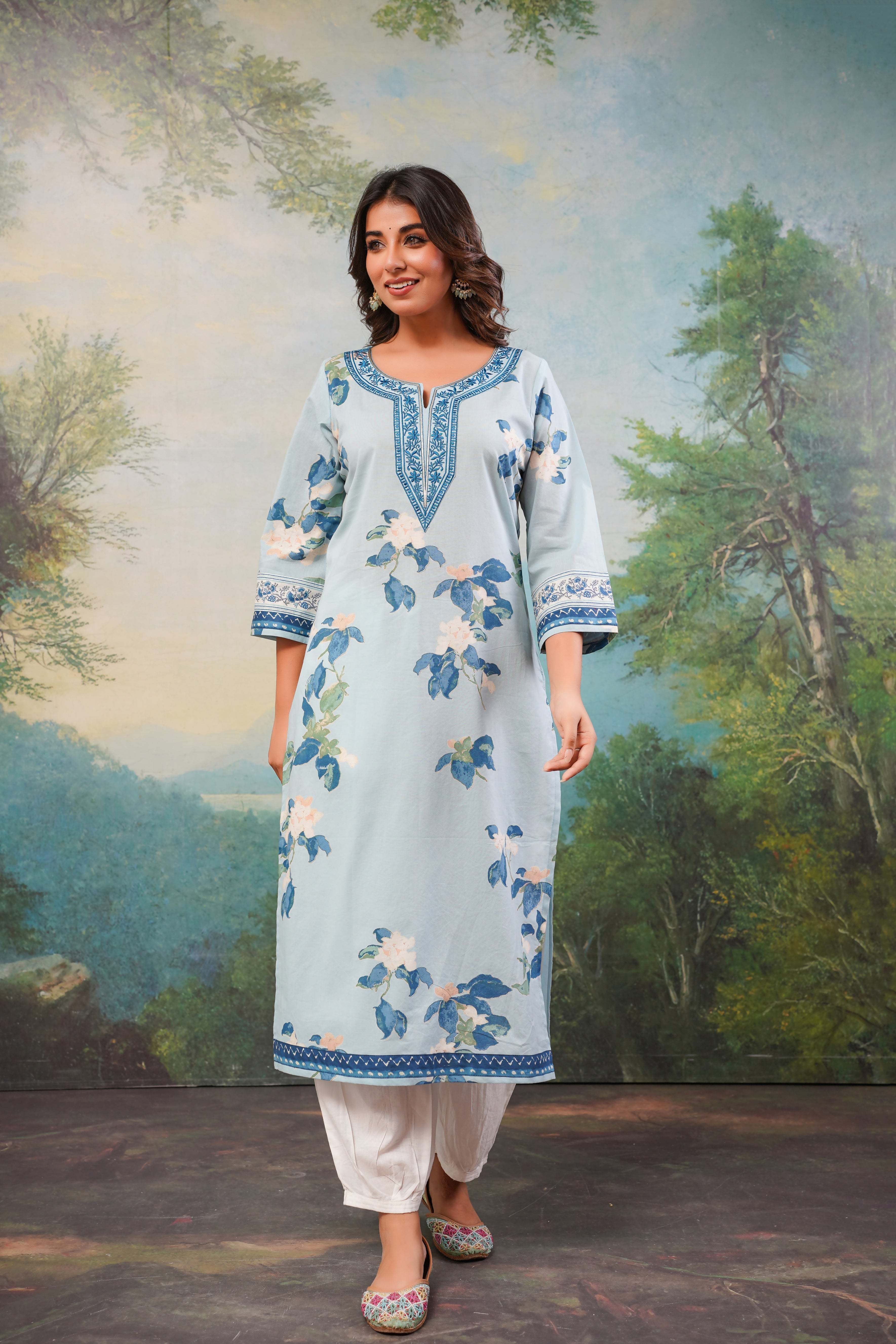 Blue Floral Printed Cotton Kurta