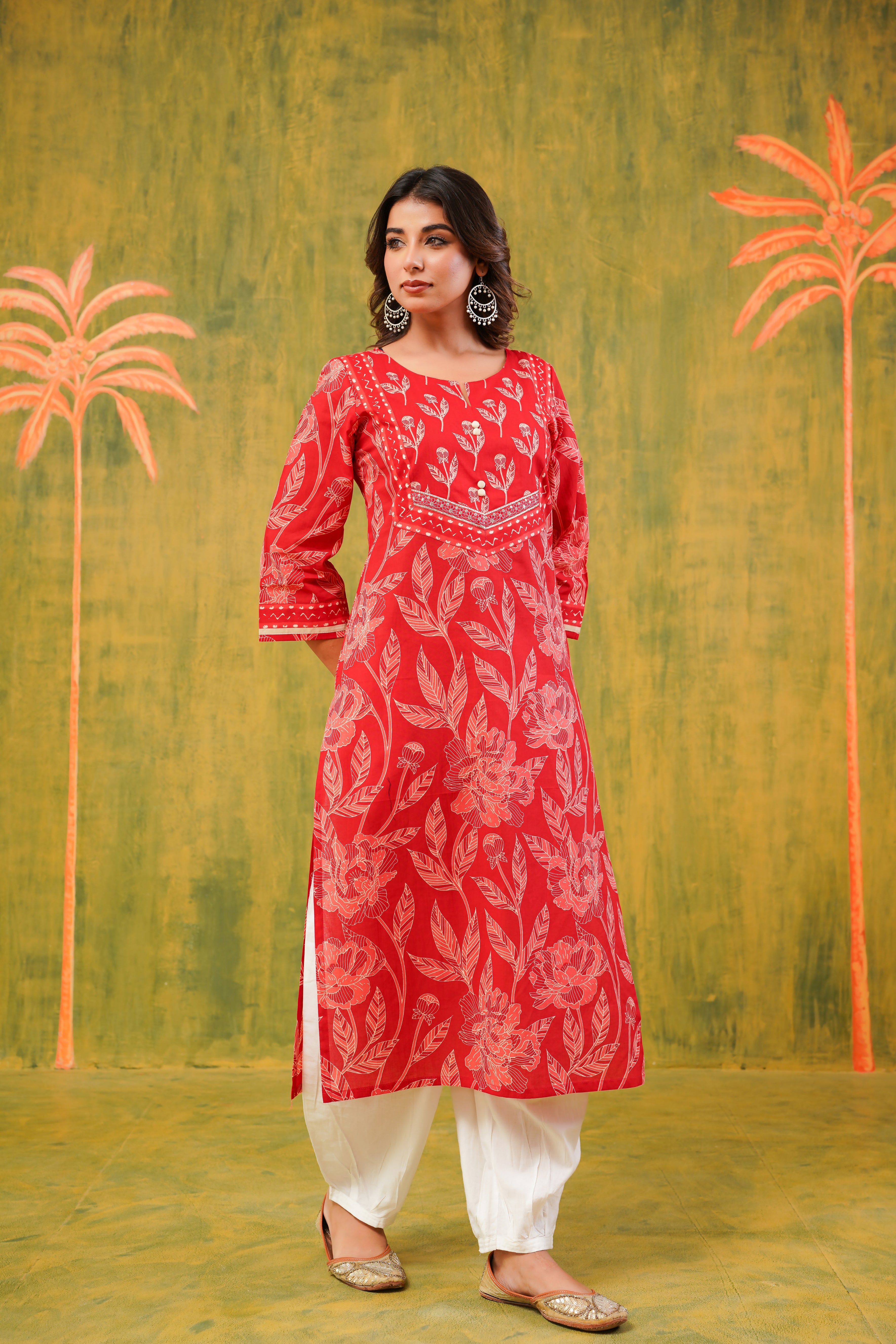 Red Floral Cotton Printed Kurta