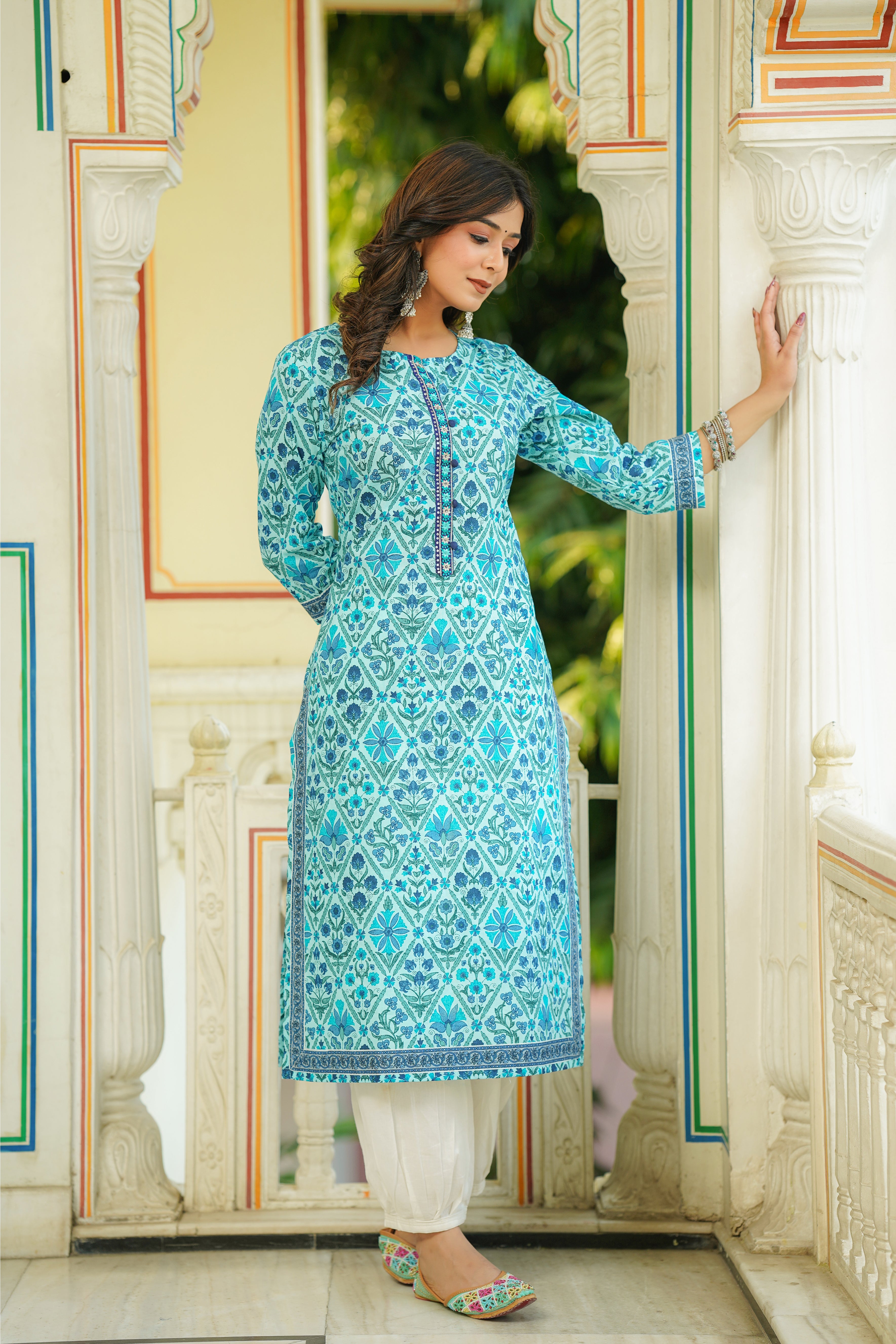 Blue Floral Printed Cotton Kurta