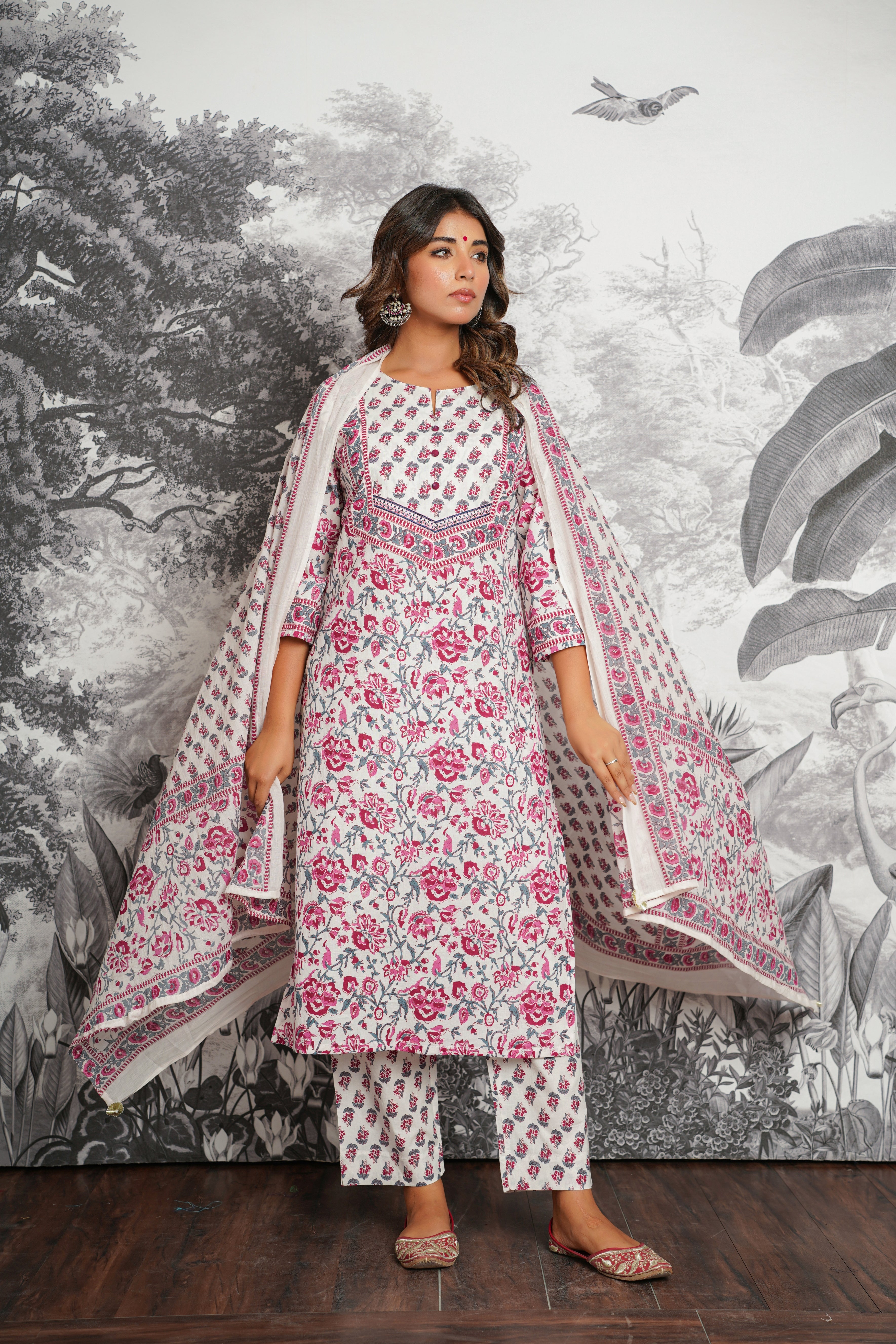 White Floral Printed Cotton Suit Set