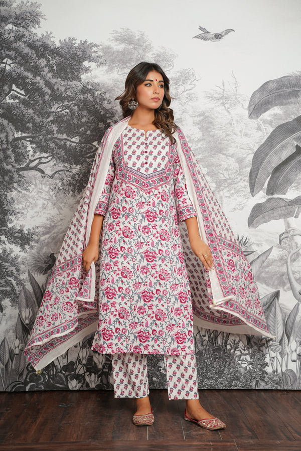White Floral Printed Cotton Suit Set
