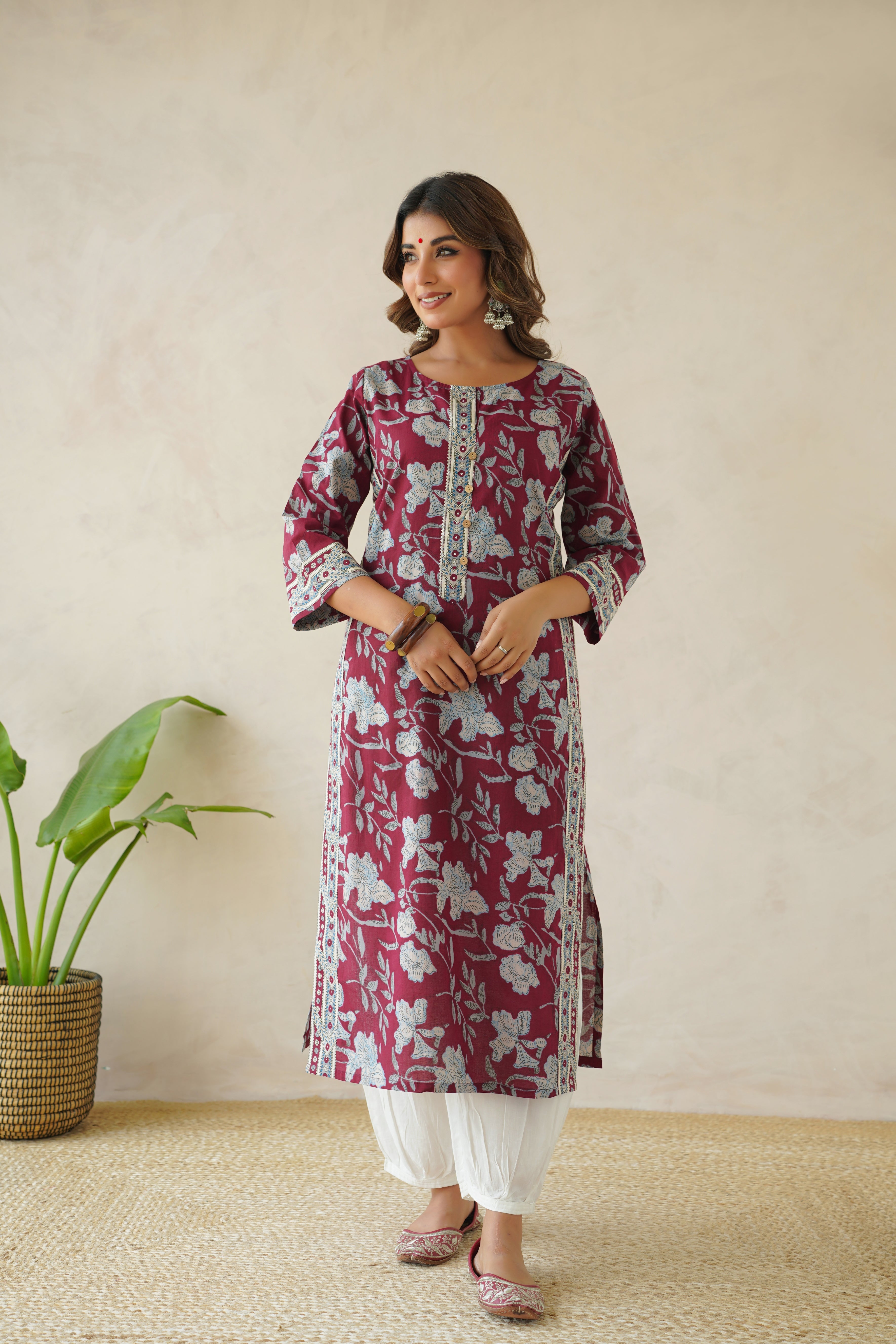 Wine Floral Cotton Printed Kurta