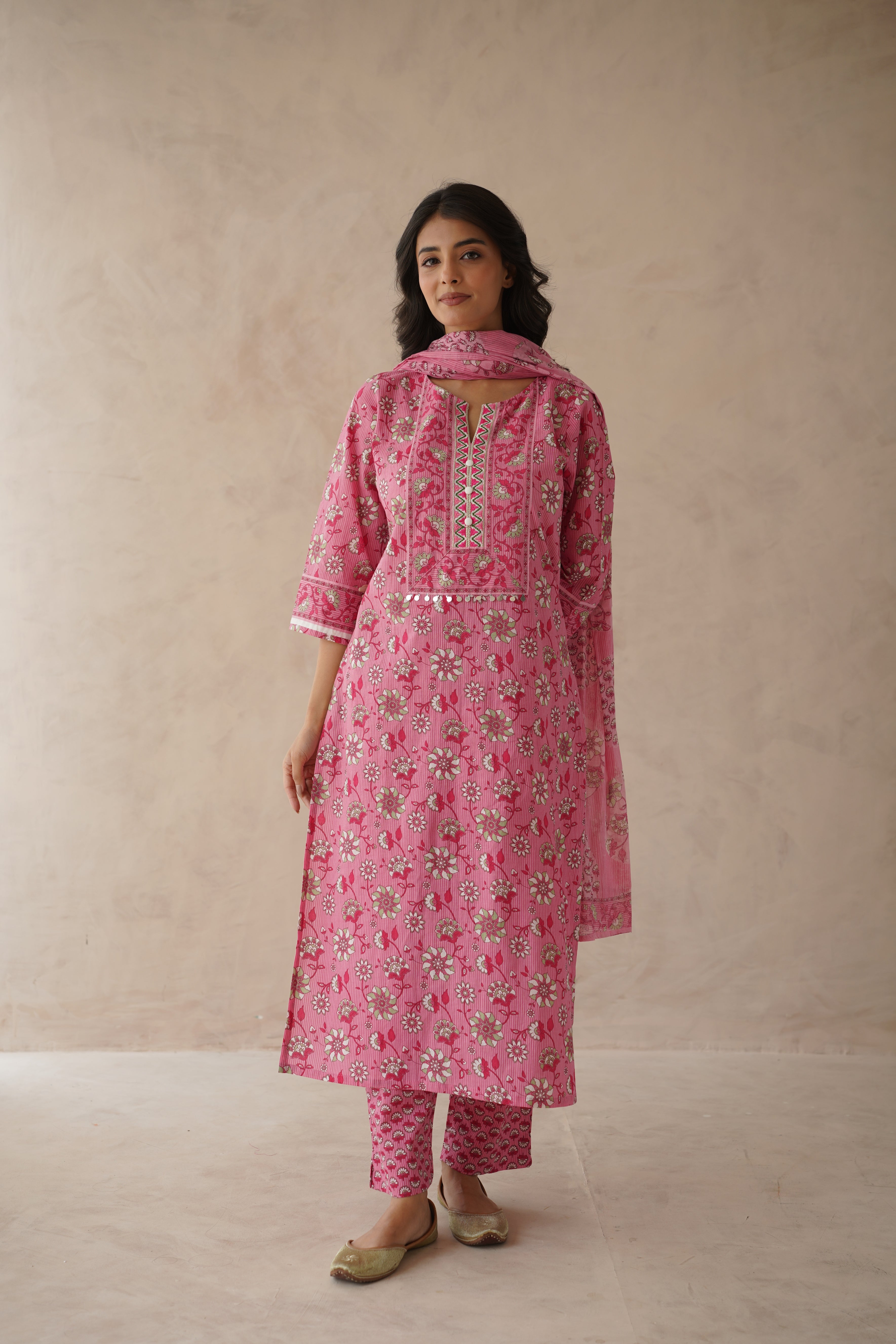 Pink Floral Cotton Suit Set