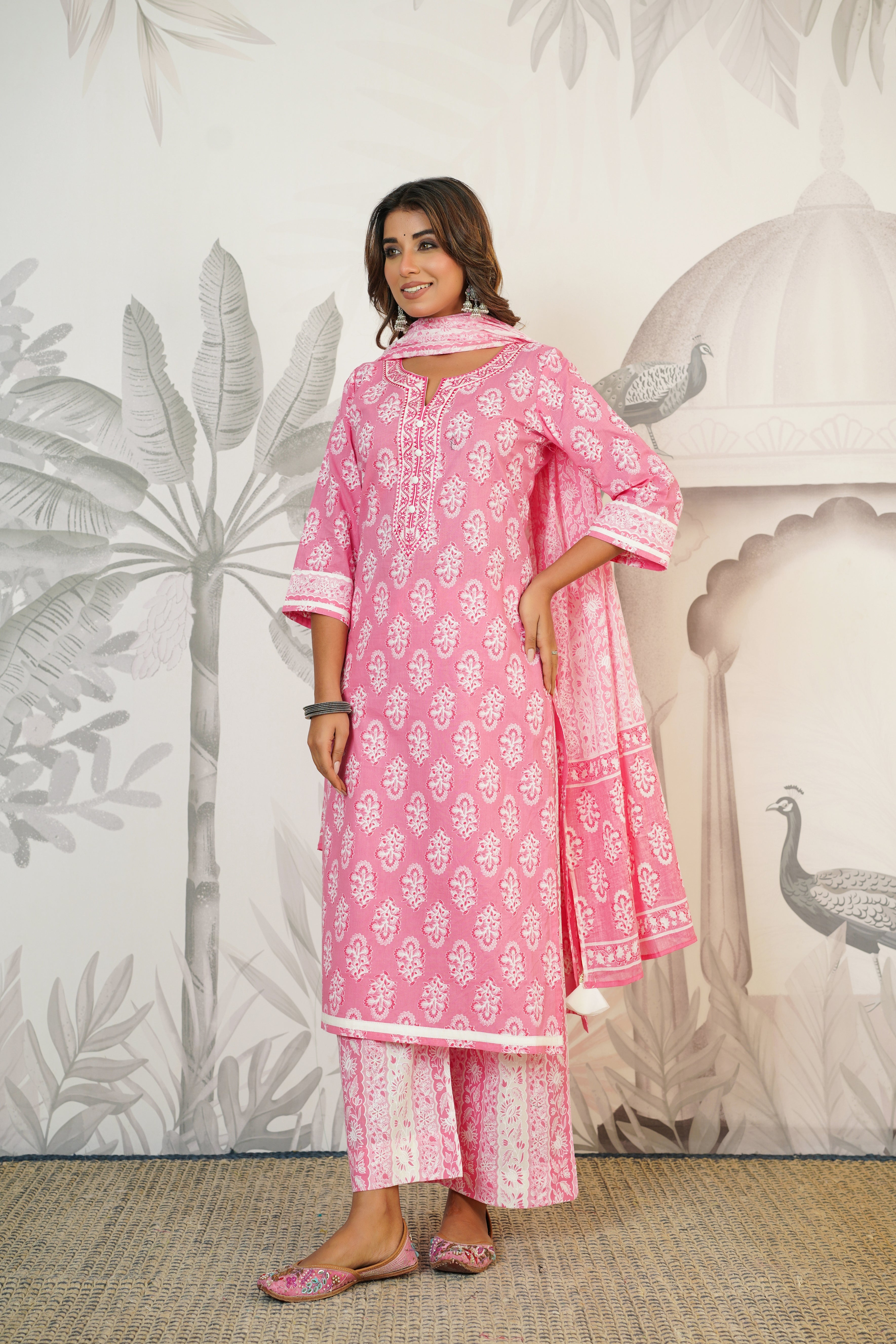 Pink Floral Printed Cotton Suit Set