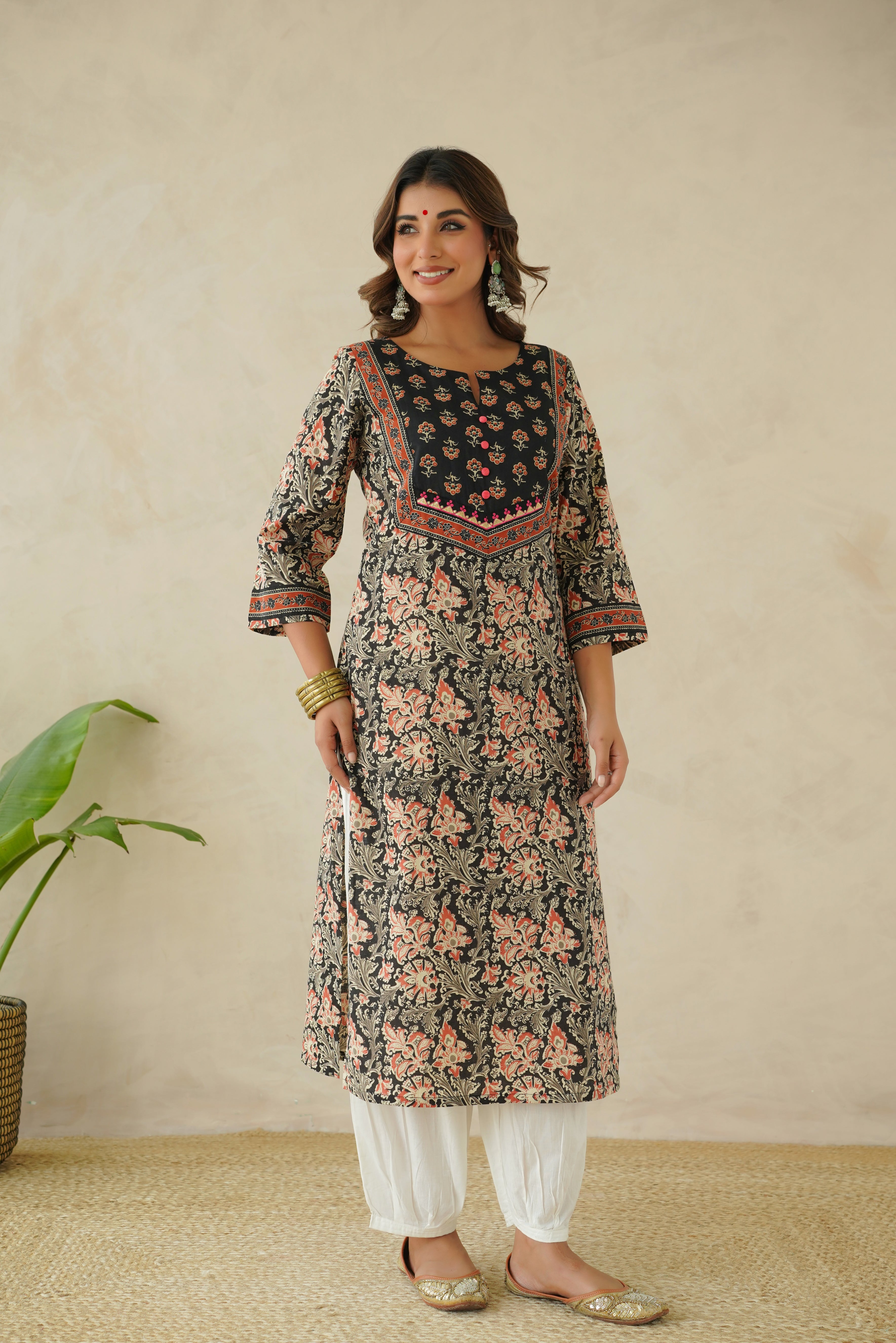 Black Floral Cotton Printed Kurta