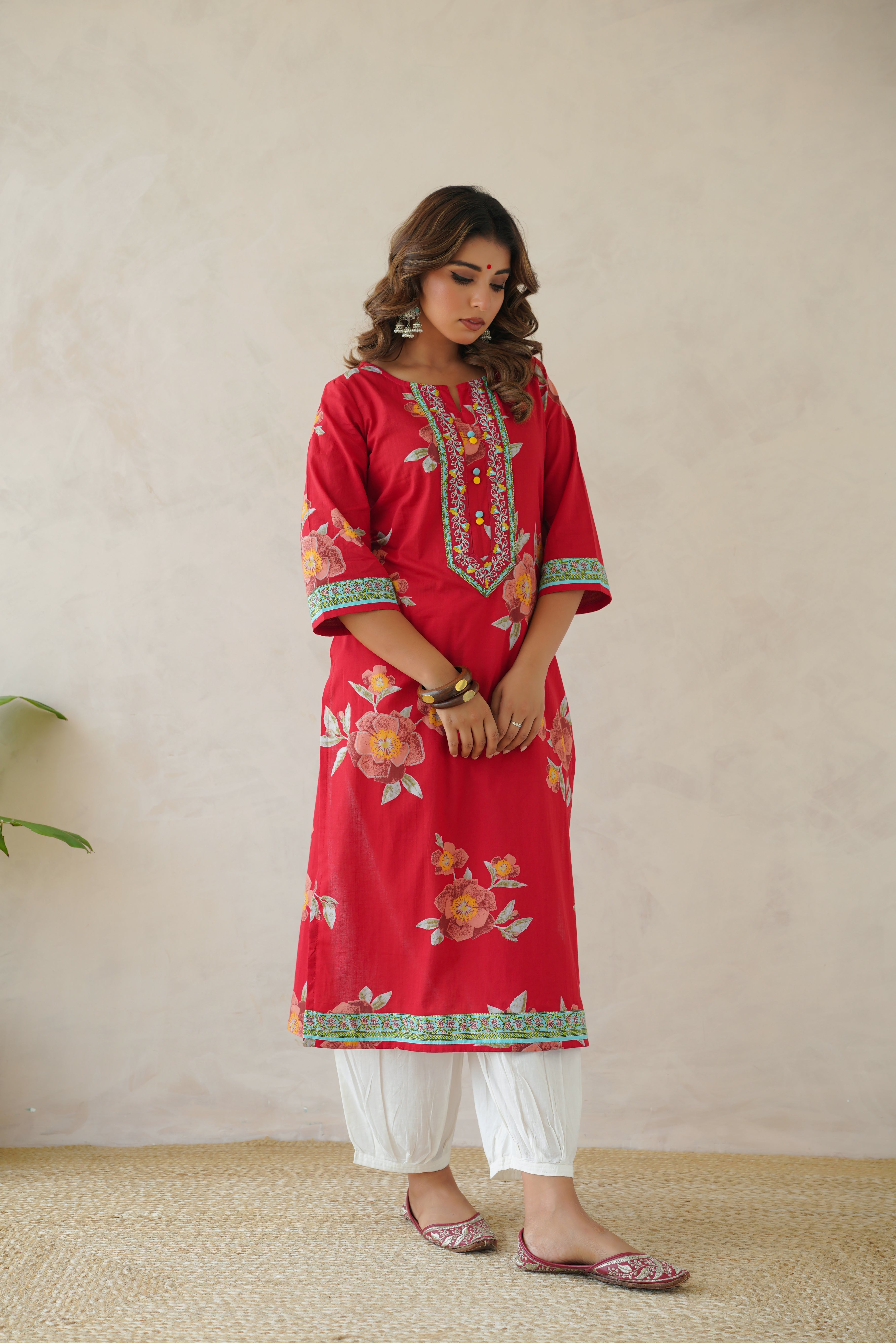 Red Floral Cotton Printed Kurta