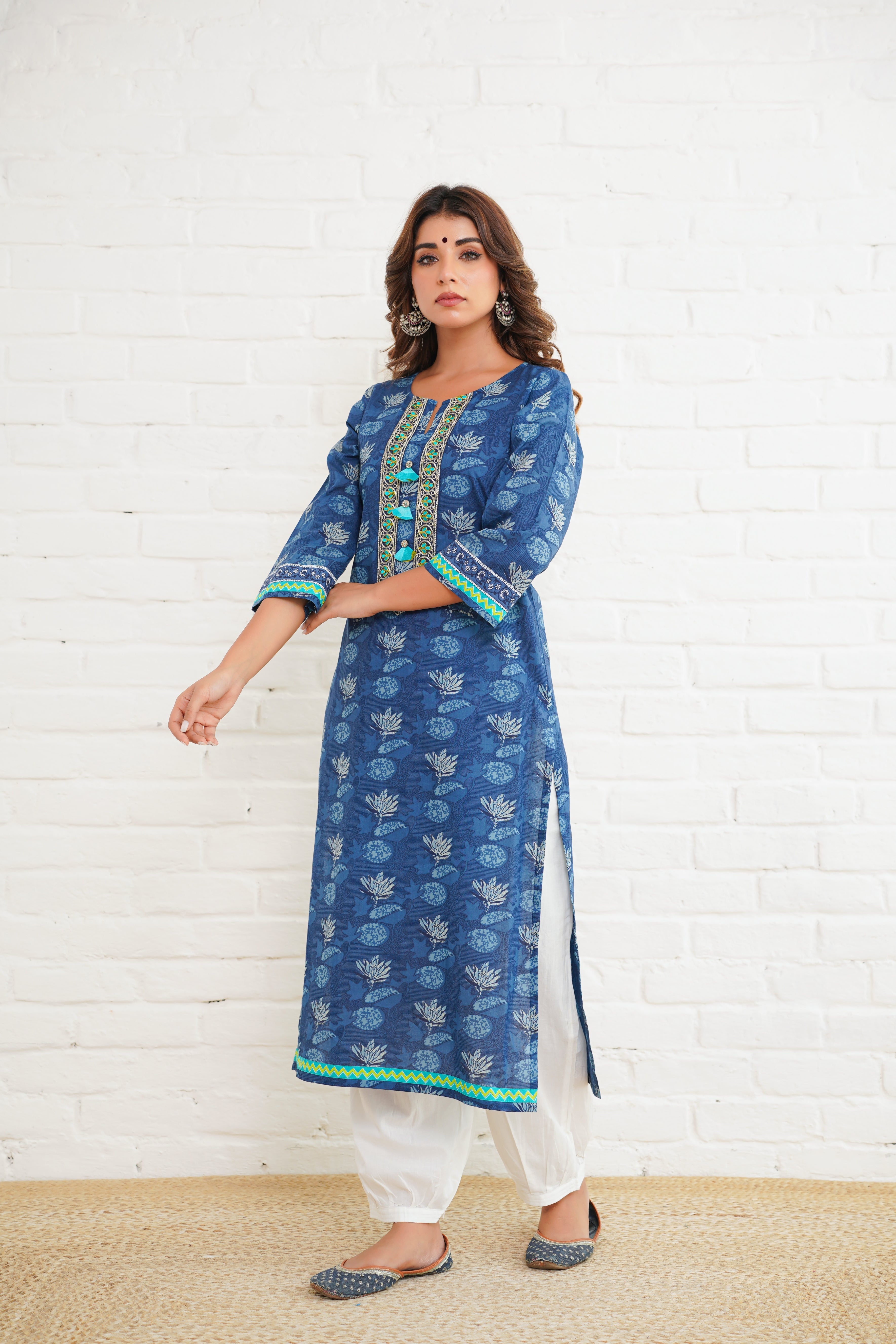 Indigo Floral Cotton Printed Kurta