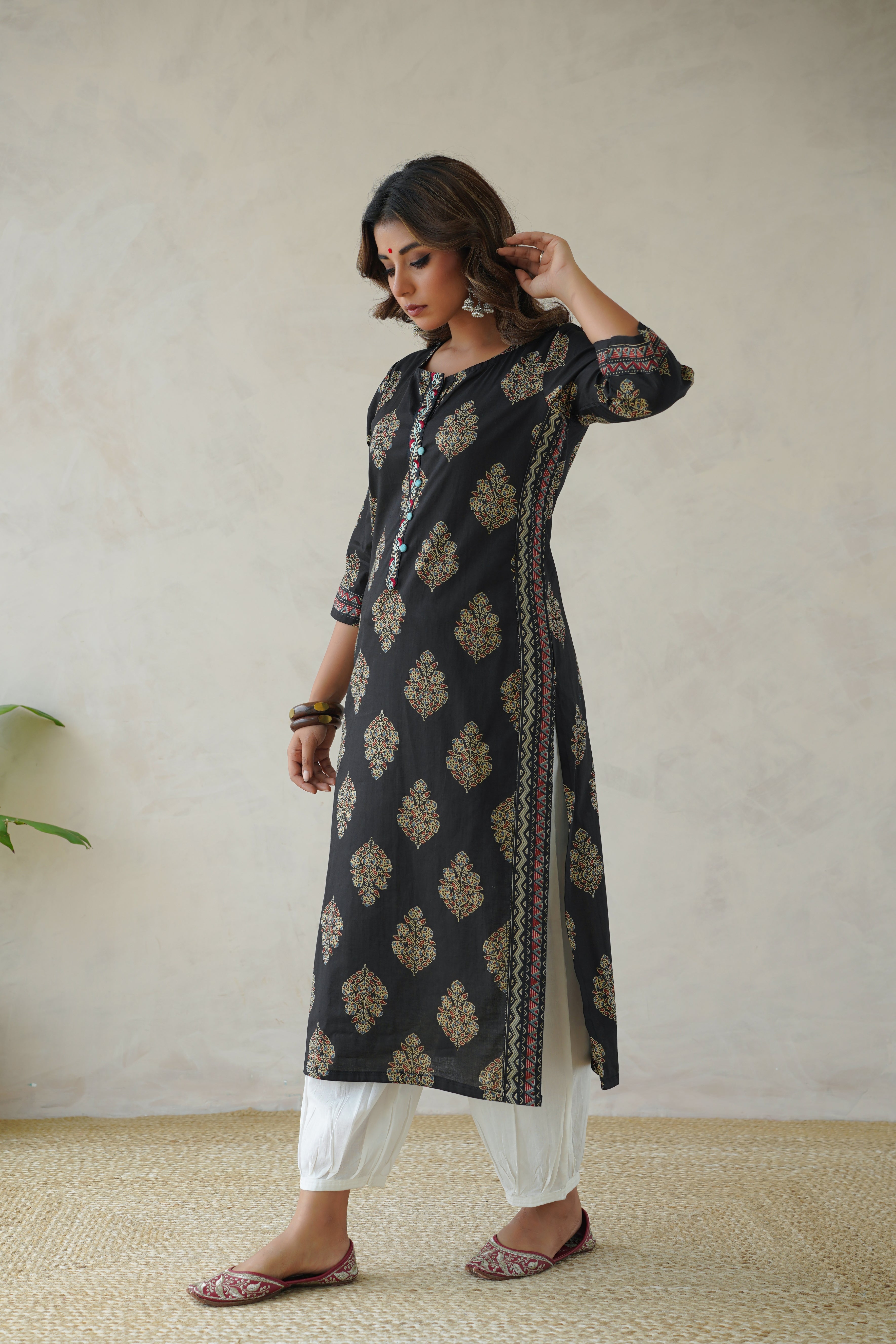 Black Motif Cotton Printed Kurta
