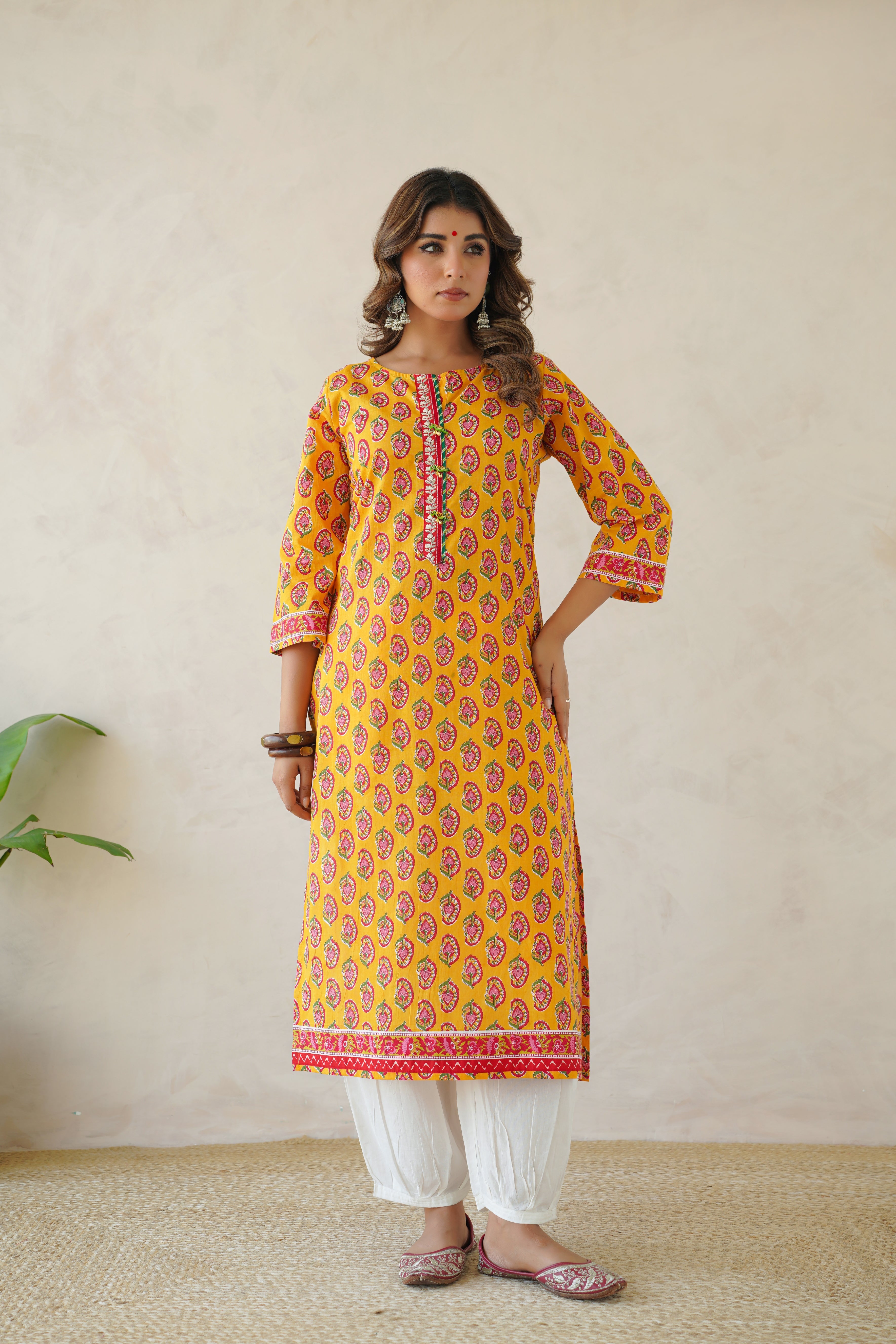 Yellow Motif Cotton Printed Kurta