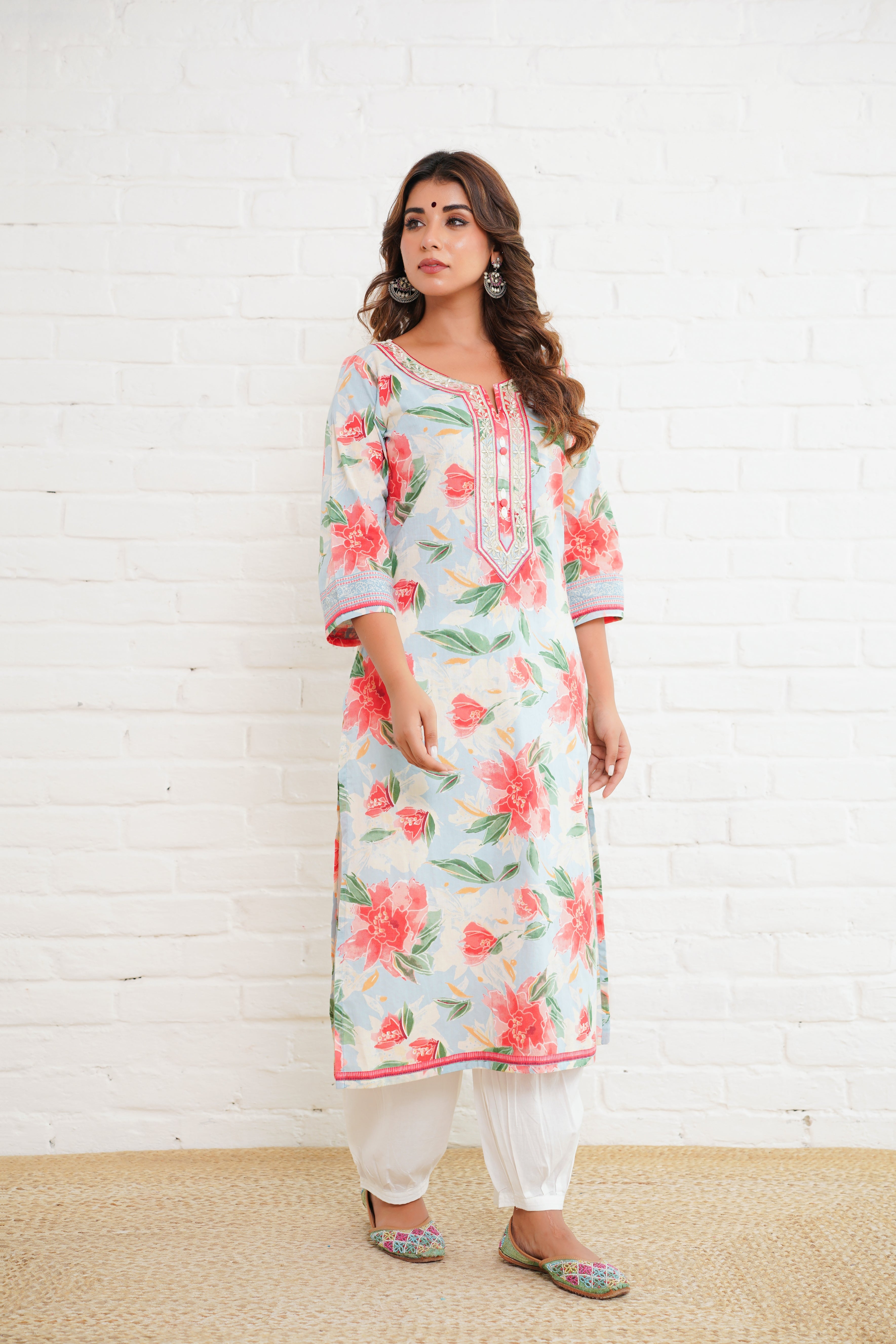 Blue Floral Printed Cotton Kurta