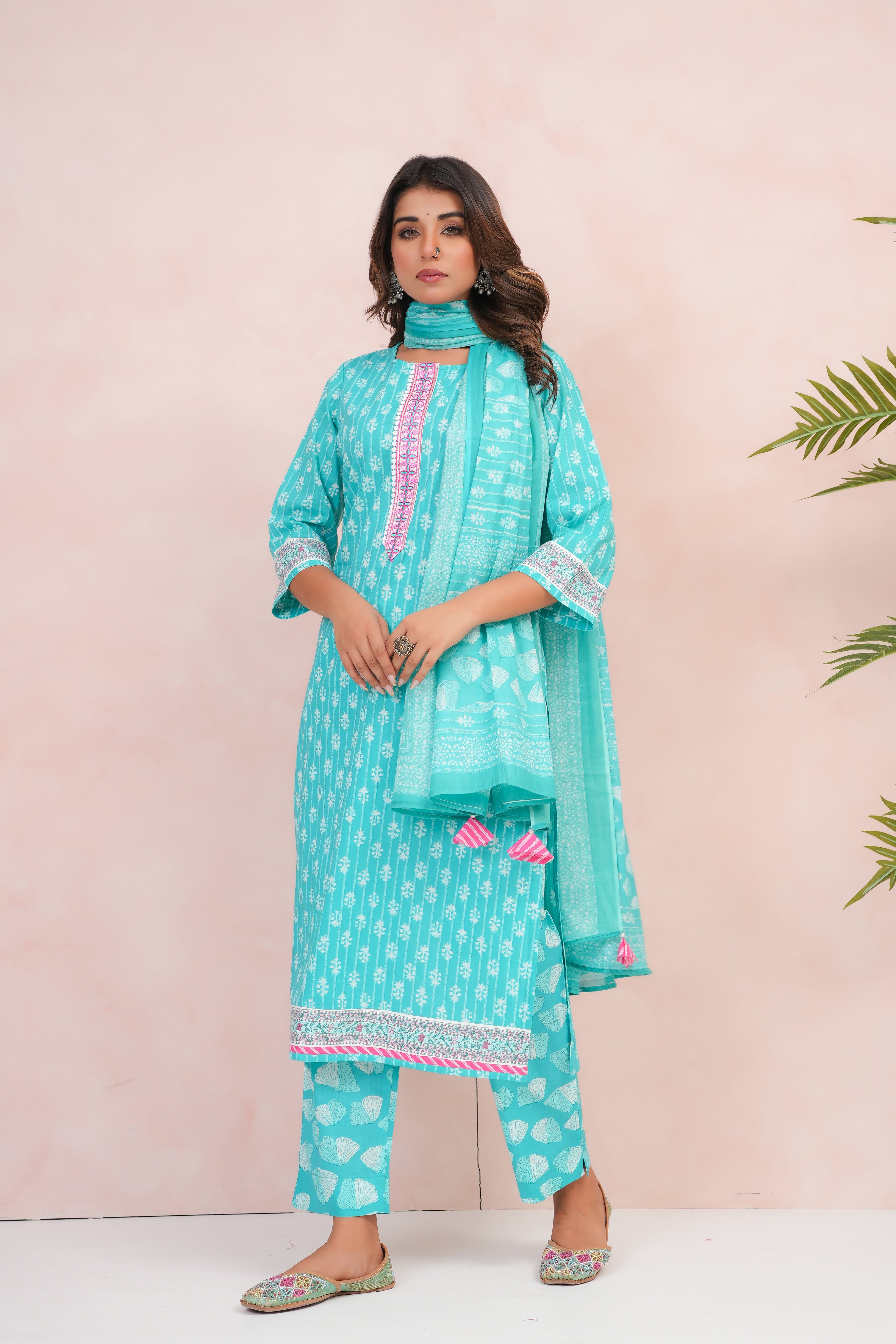 Turquoise Motif Printed Cotton Suit Set