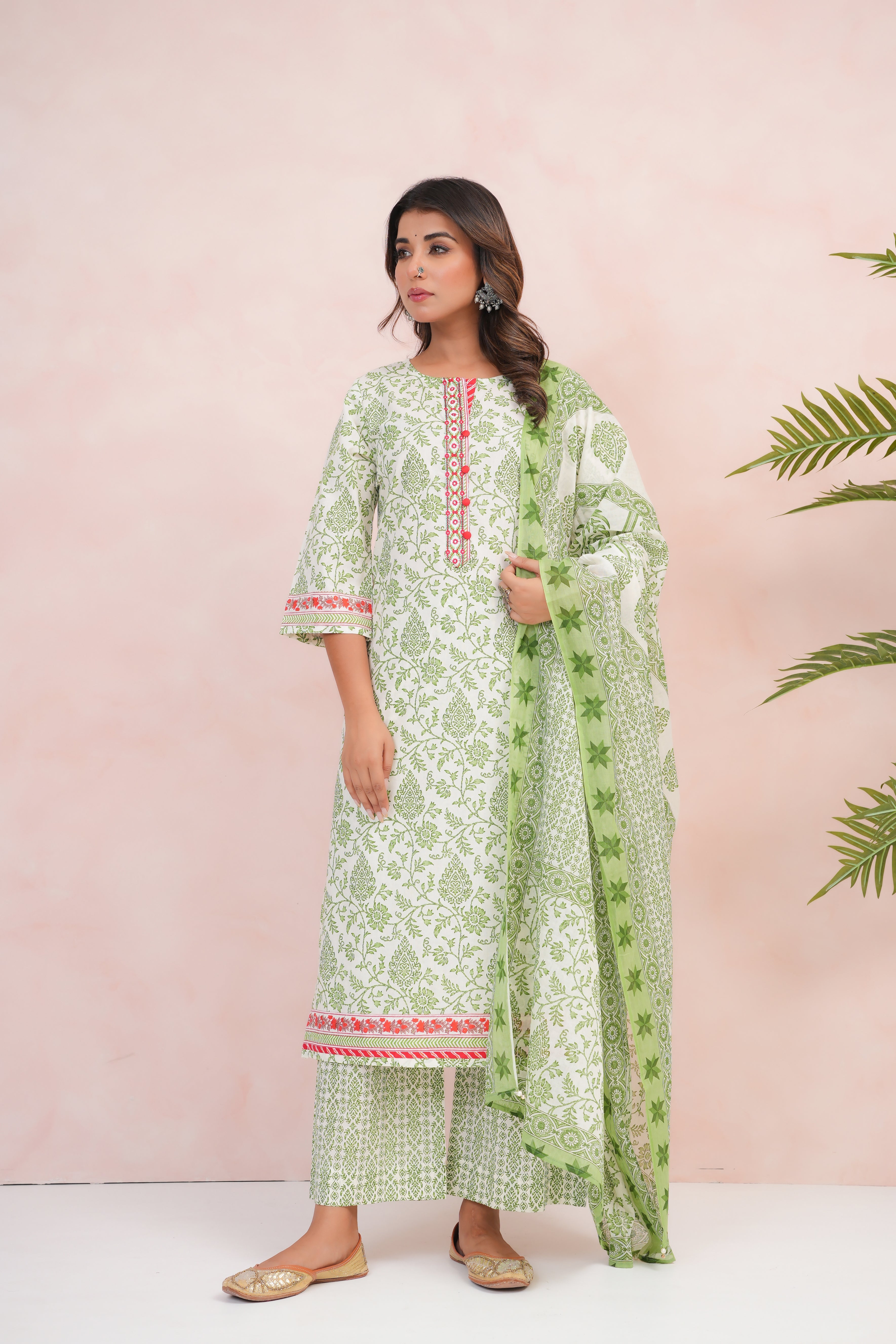Green Motif Printed Cotton Suit Set