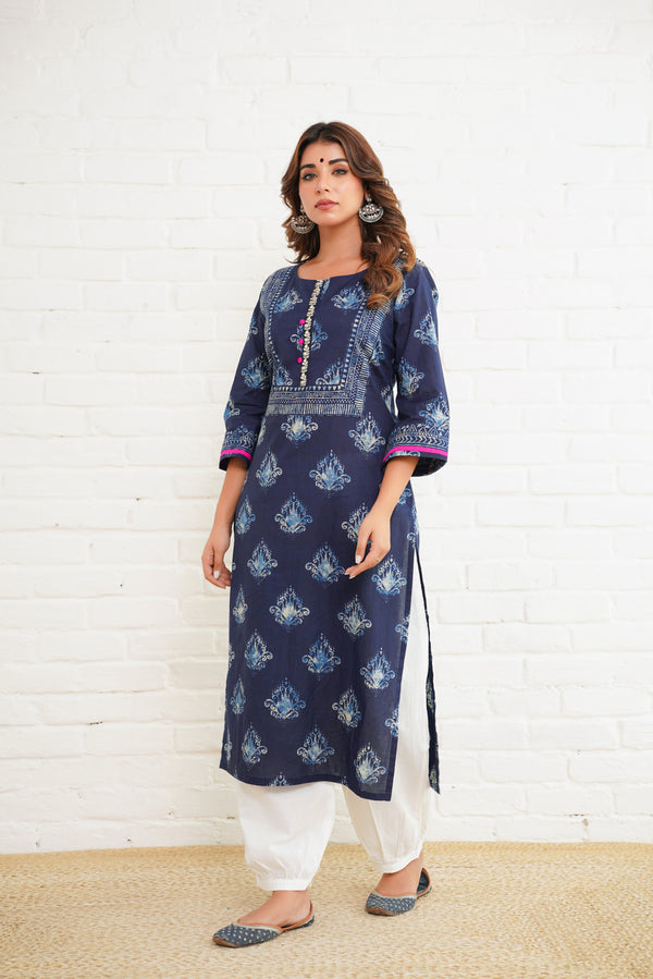 Blue Ikat Printed Cotton Kurta