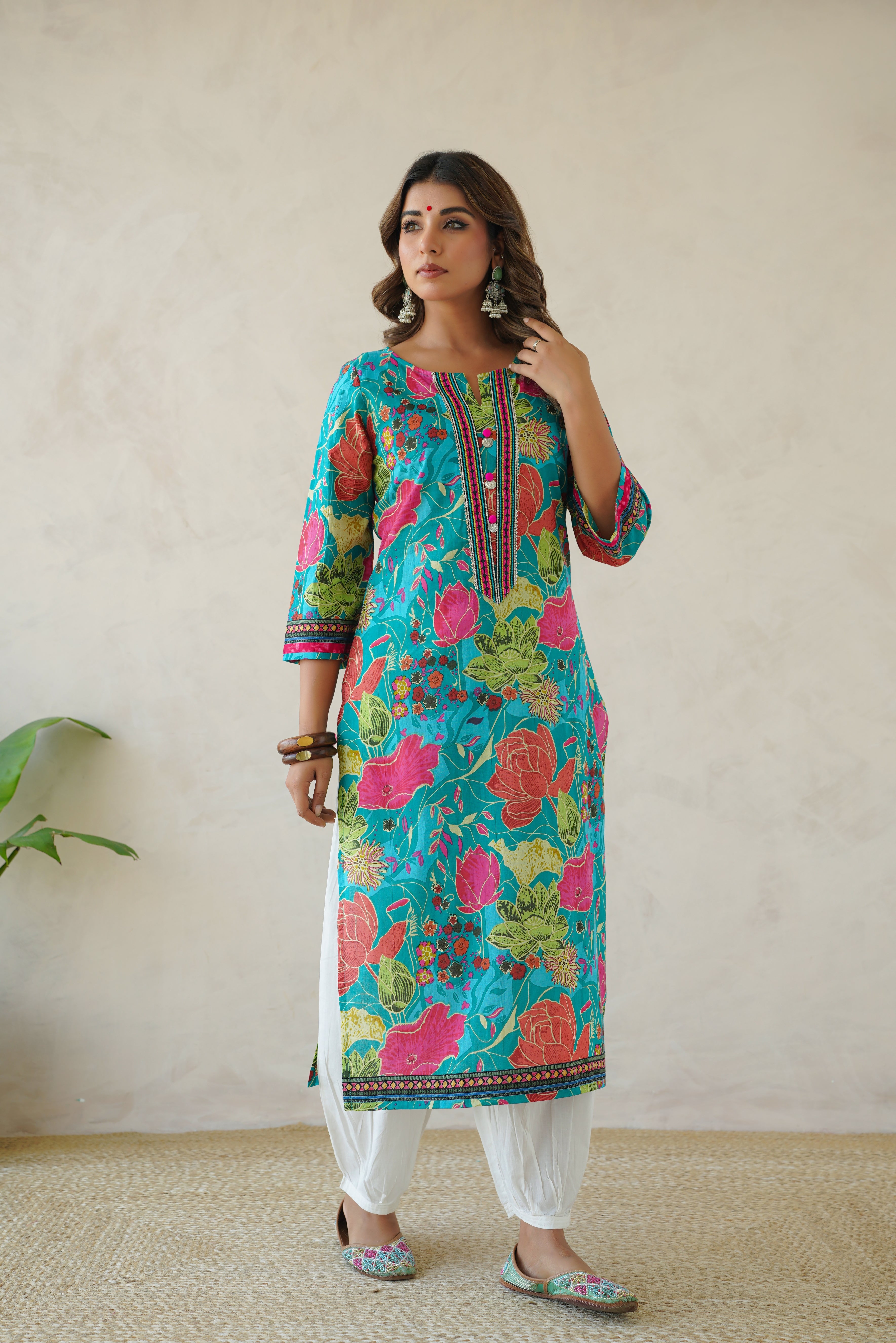 Firozi Multi Floral Cotton Printed Kurta