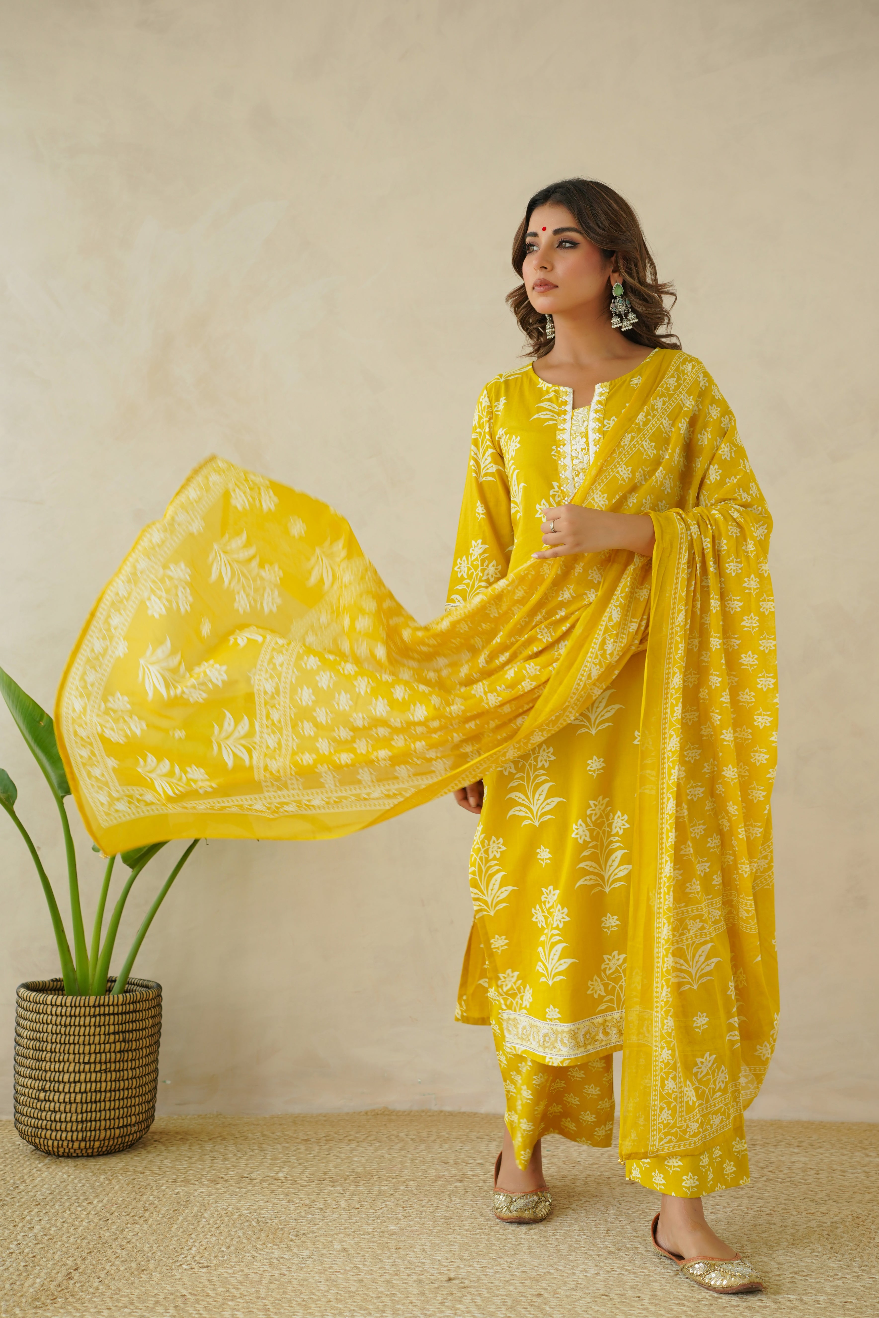 Yellow Motif  Printed Suit Set