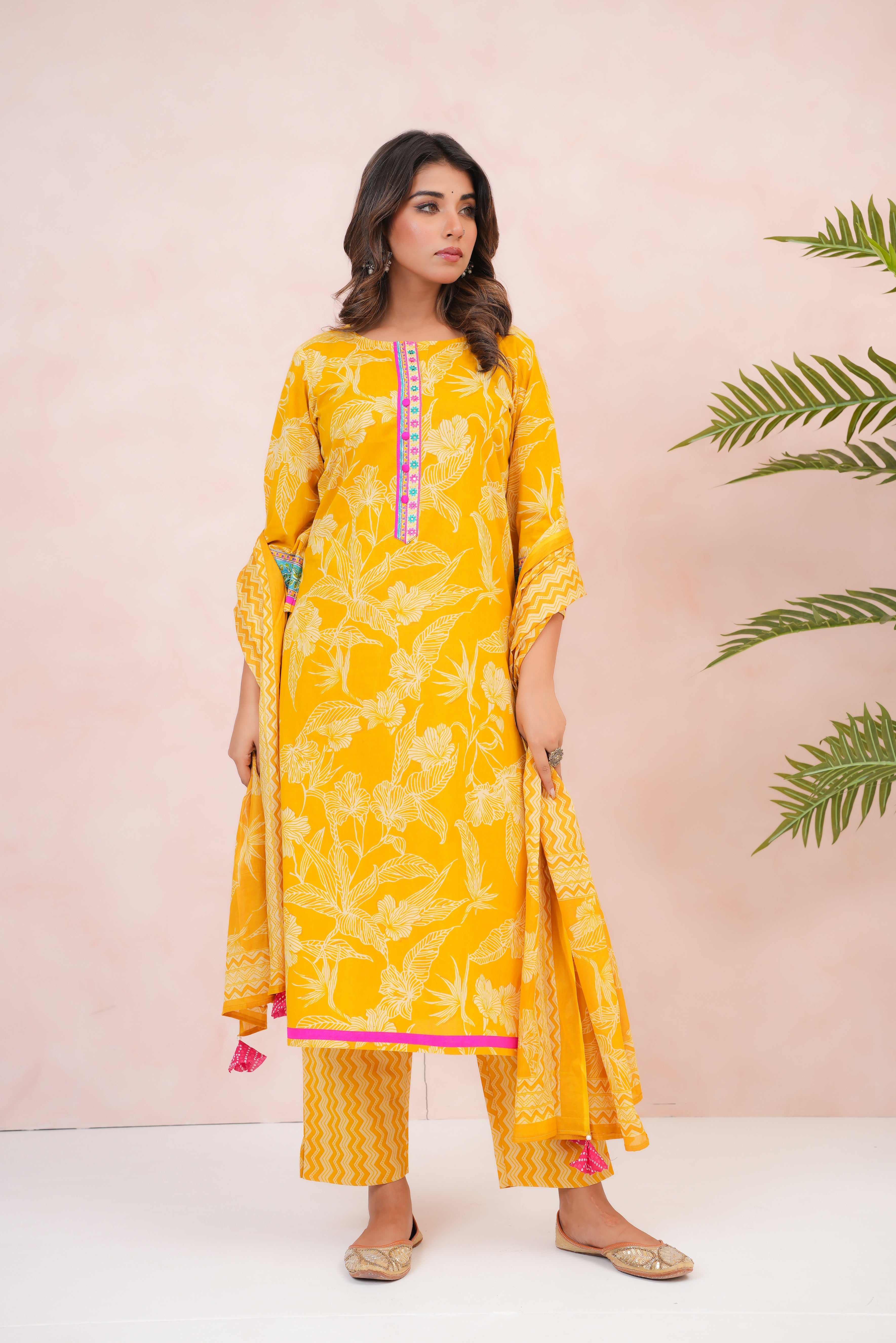 Mustard Floral Printed Cotton Suit Set