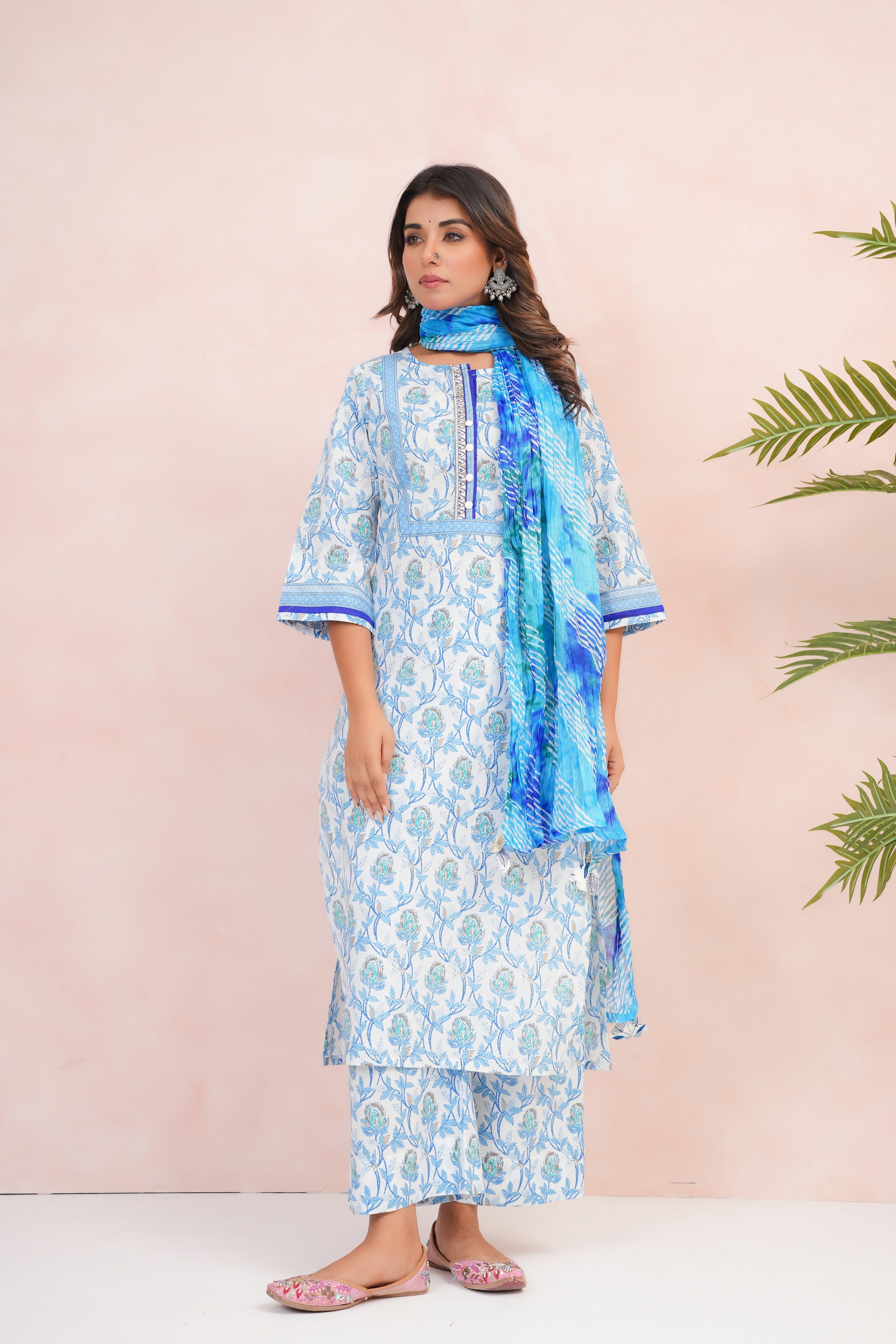 Blue Floral Printed Cotton Suit Set