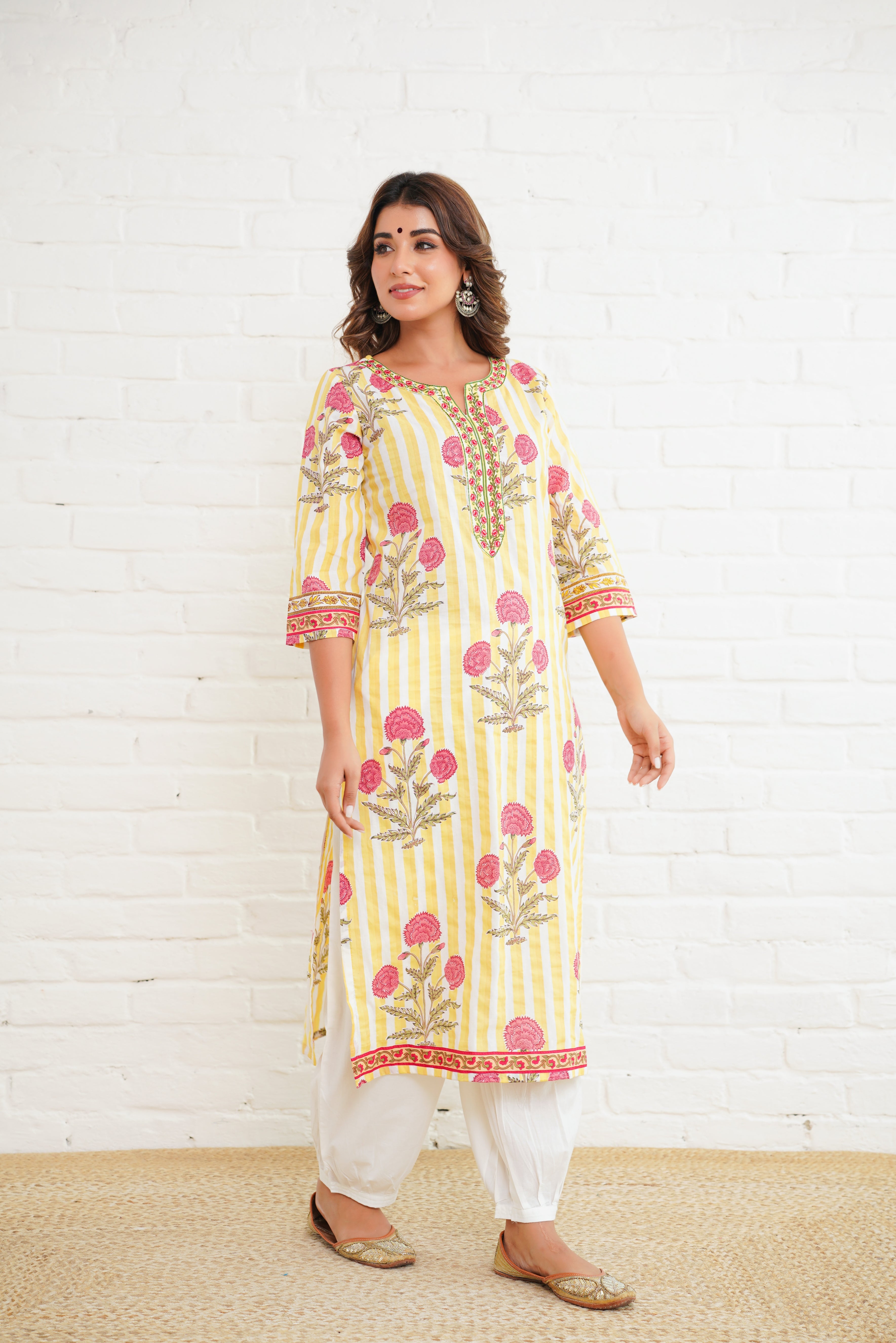 Yellow Stripe Printed Cotton Kurta