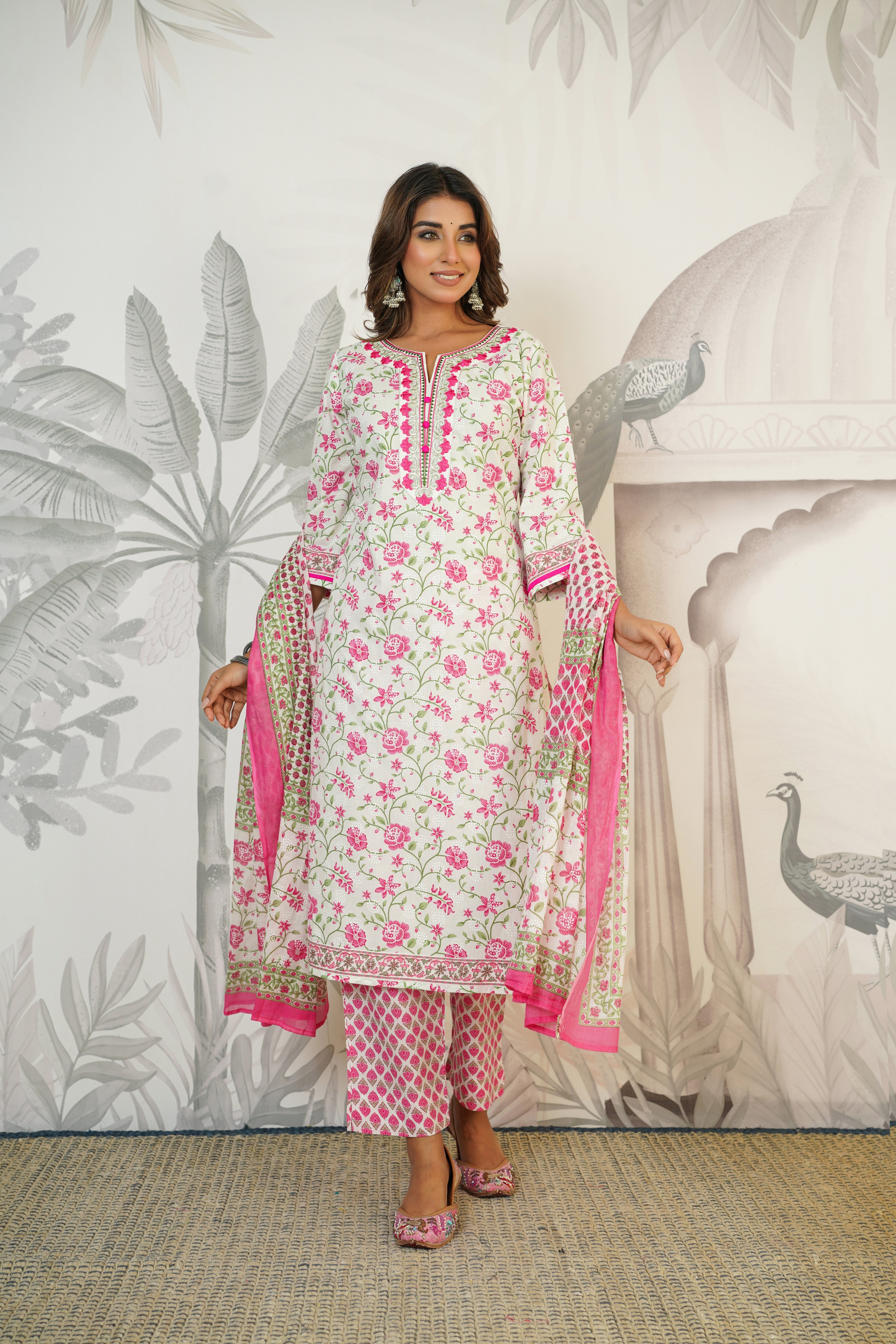 White Floral Printed Cotton Suit Set