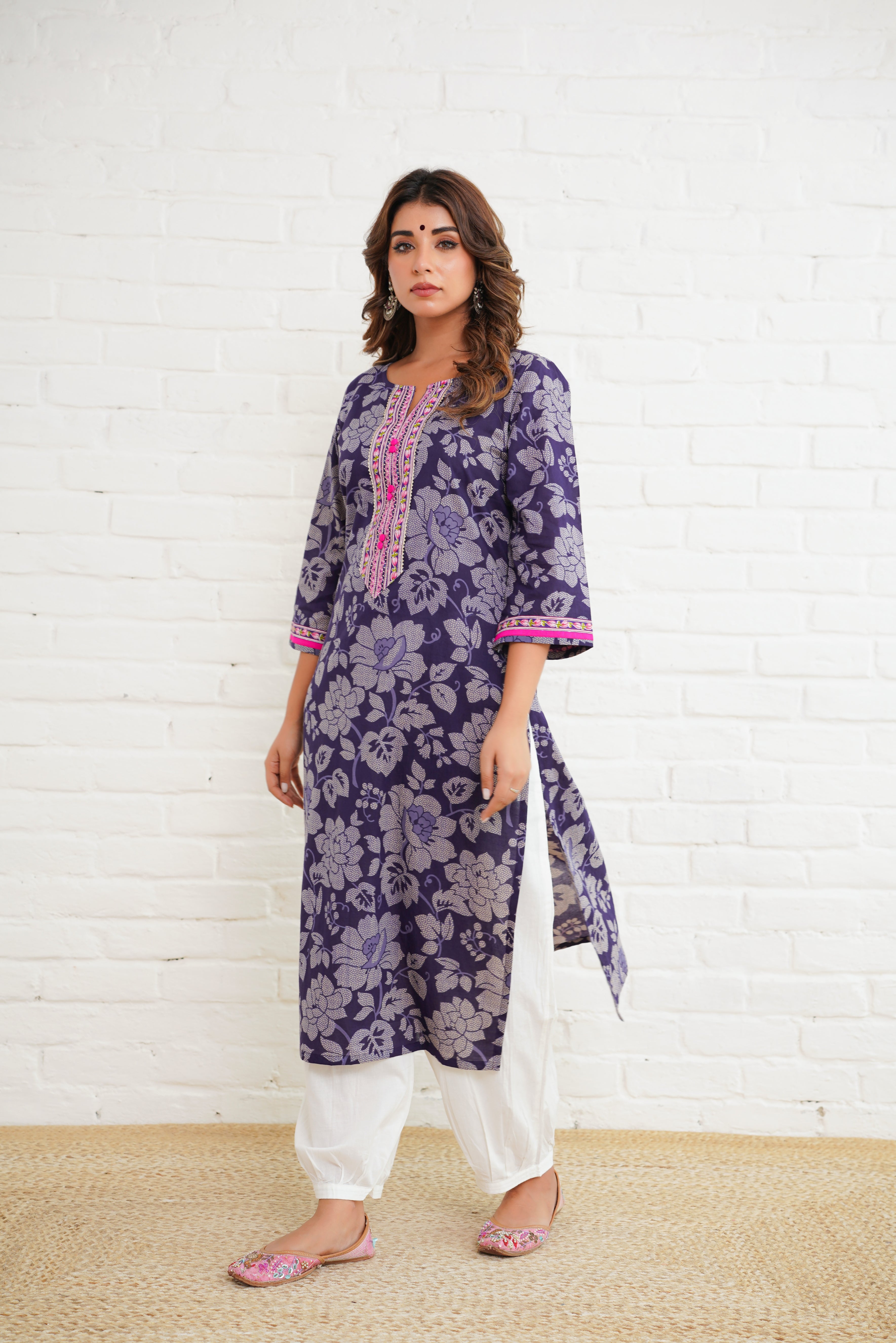 Purple Floral Cotton Printed Kurta