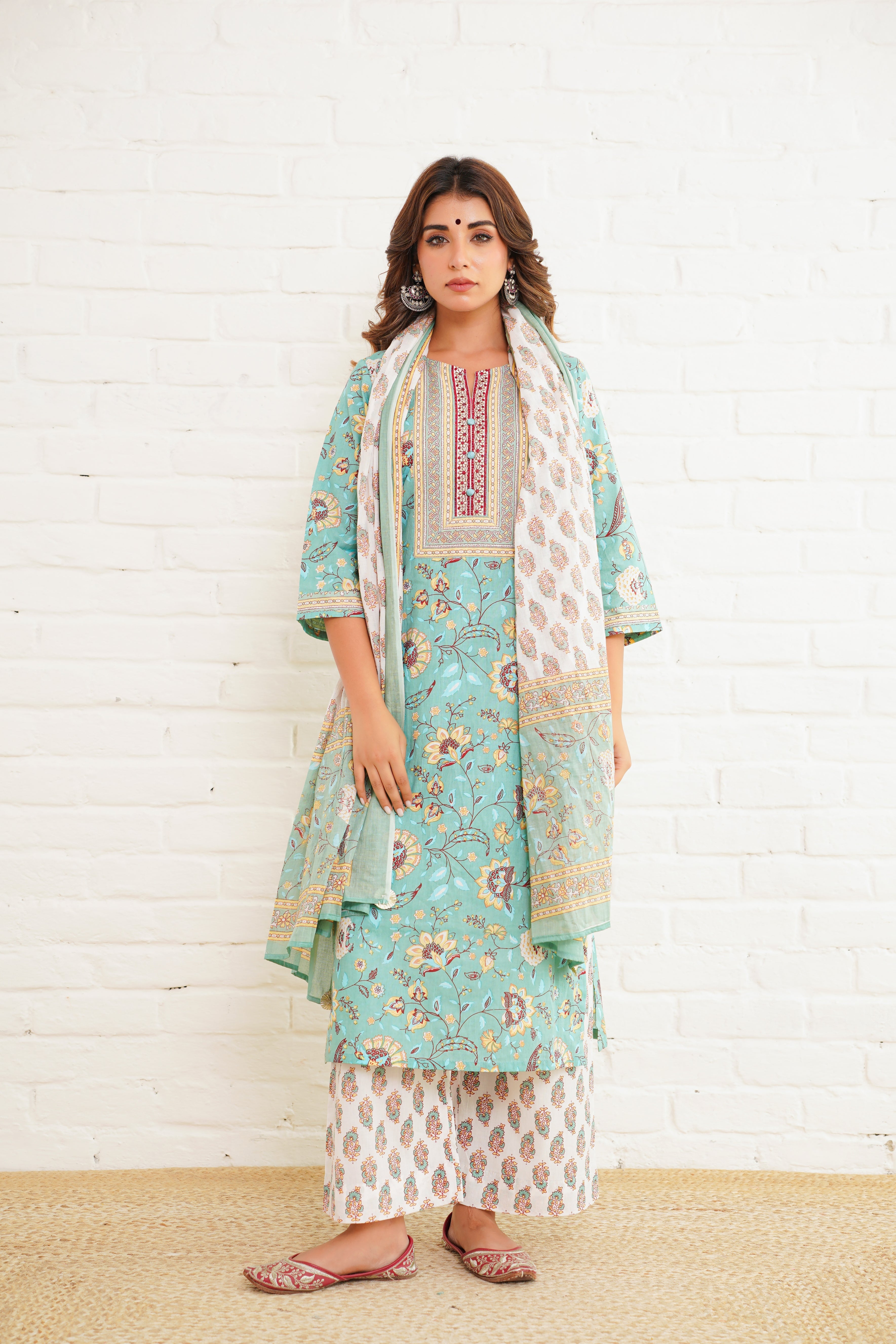 Sea Green Printed Cotton Suit Set