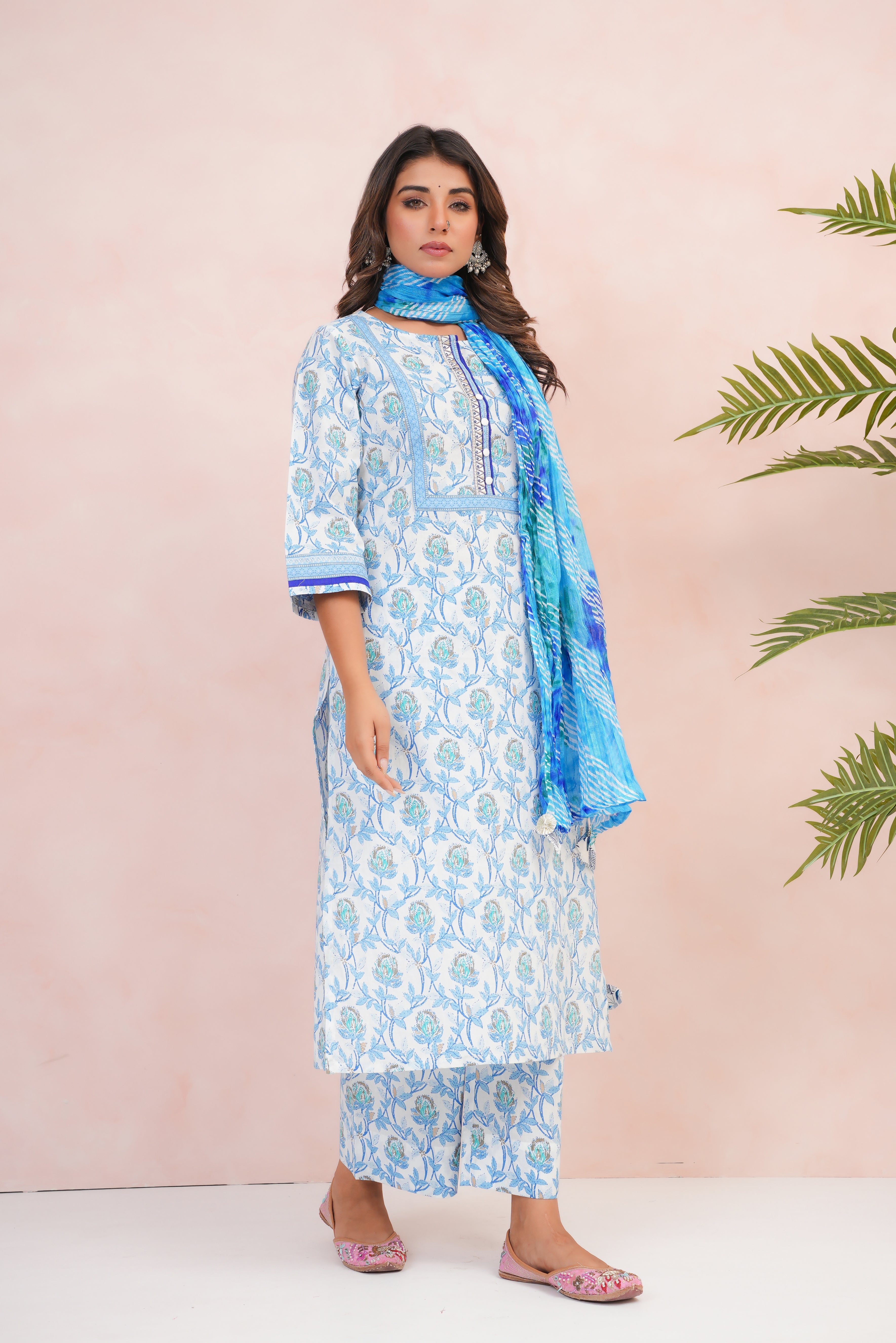 Blue Floral Printed Cotton Suit Set