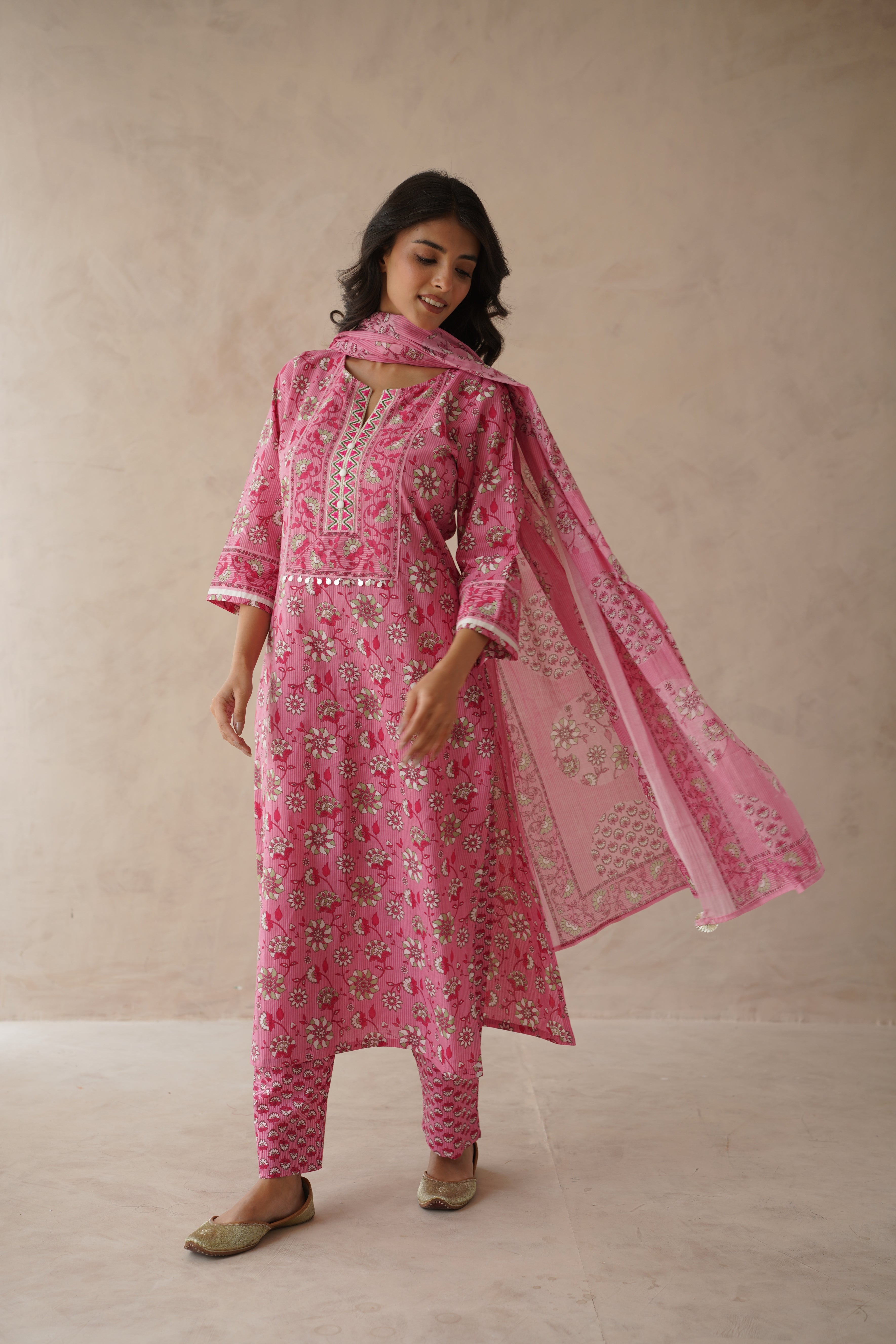 Pink Floral Cotton Suit Set