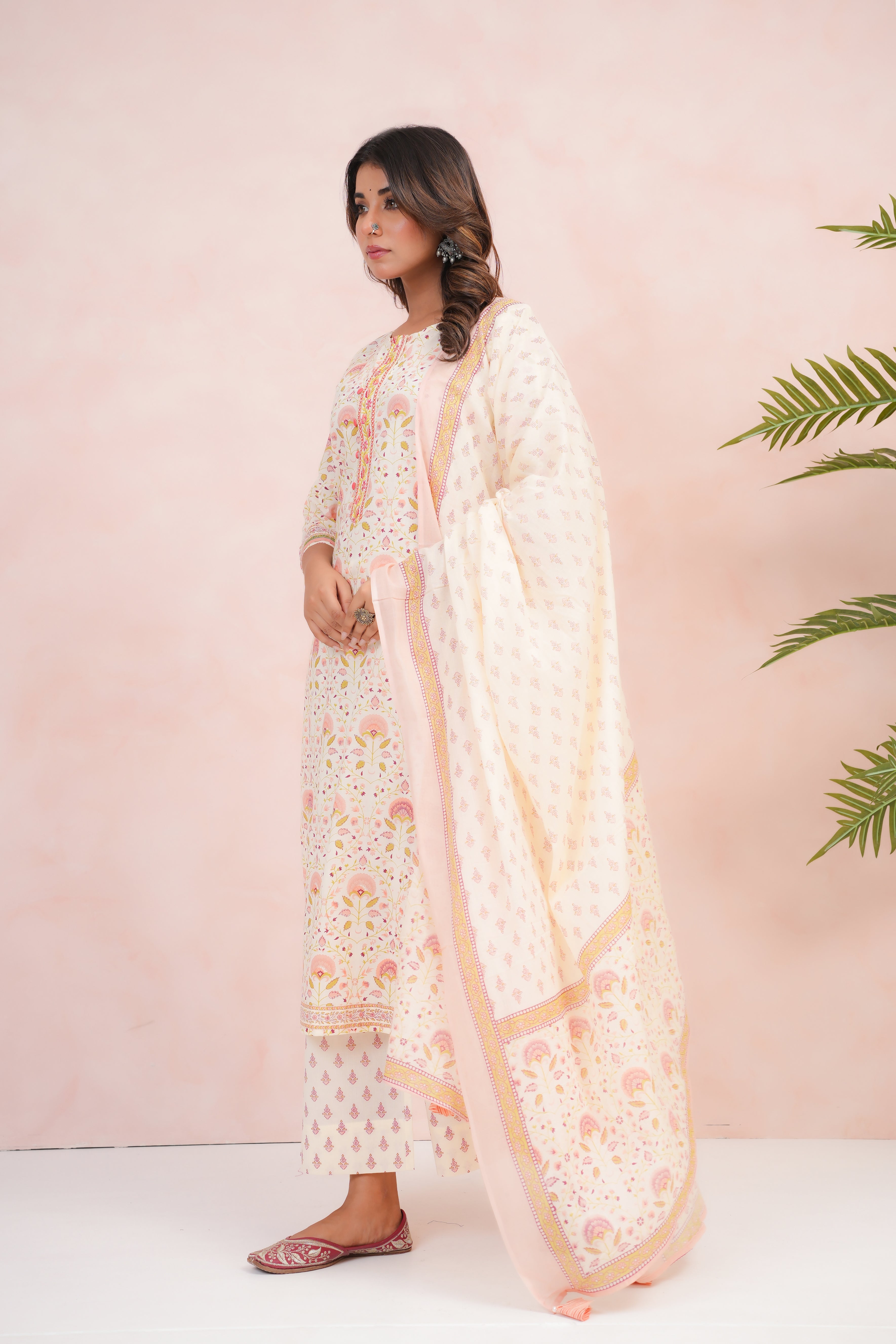 Peach Floral Printed Cotton Suit Set