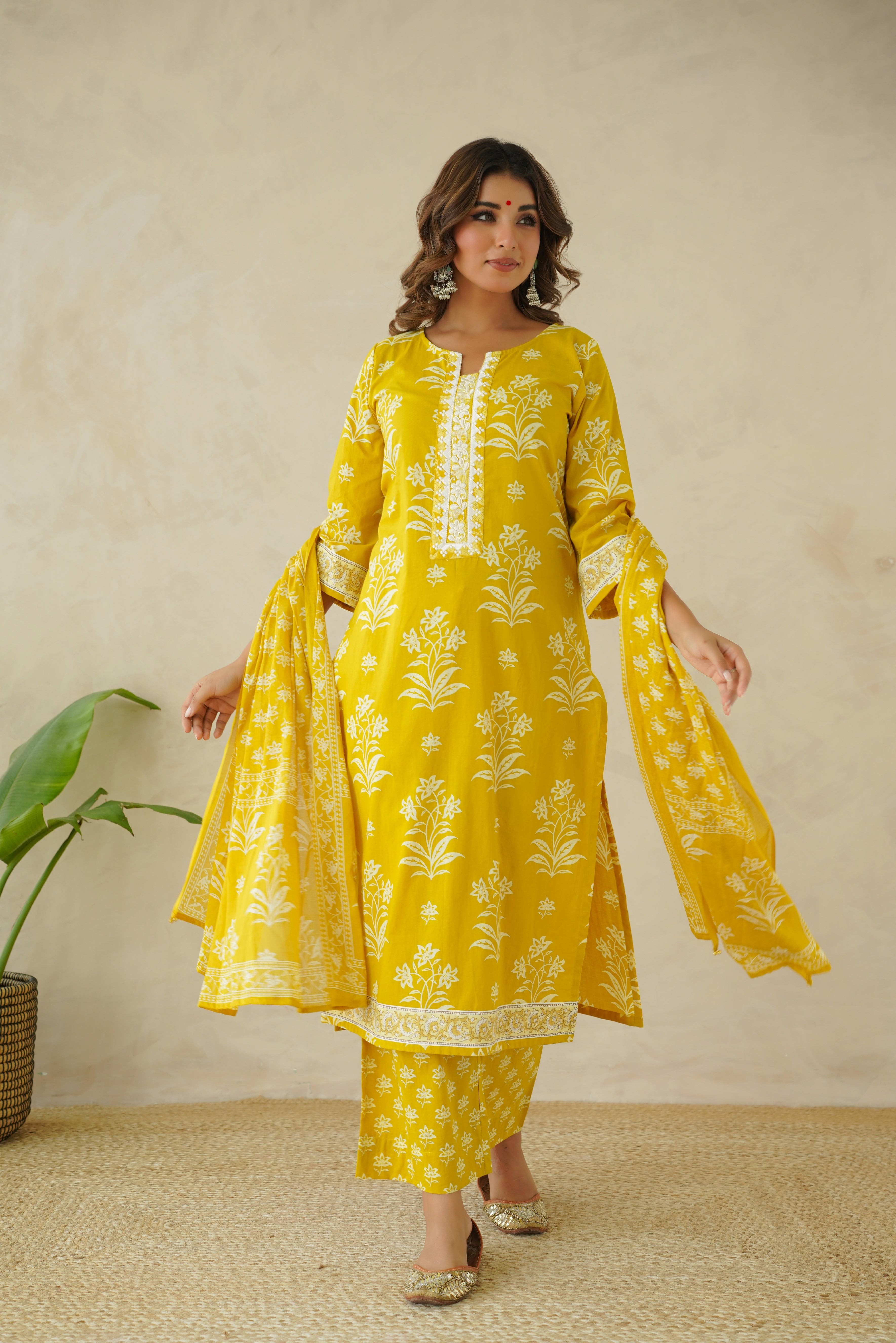 Yellow Motif  Printed Suit Set