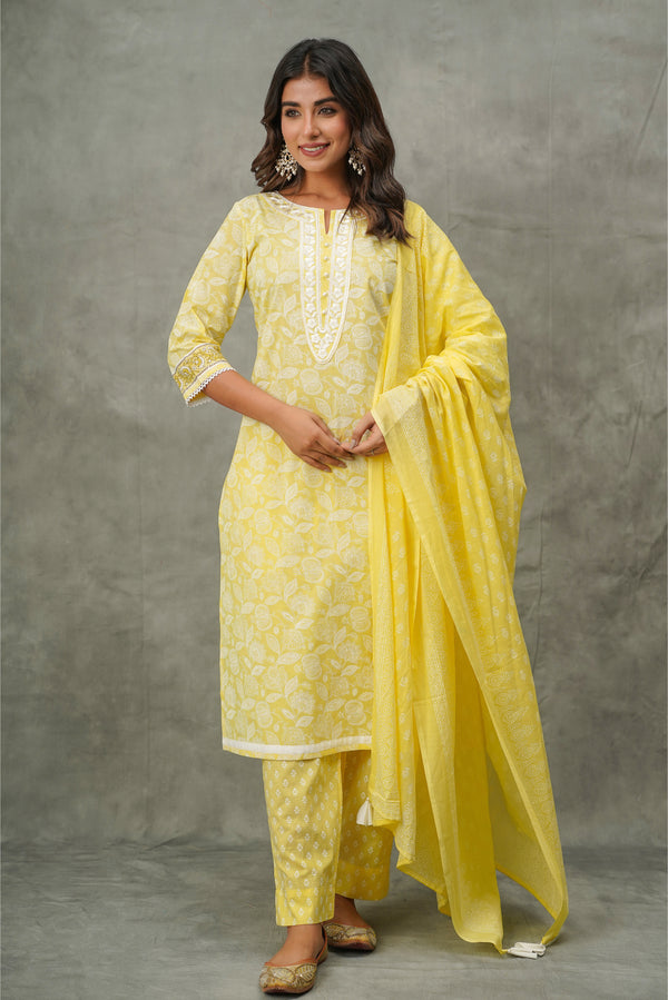 Yellow Floral Cotton Suit Set