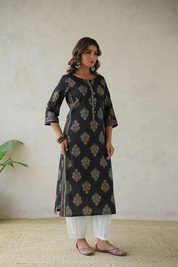 Black Motif Cotton Printed Kurta