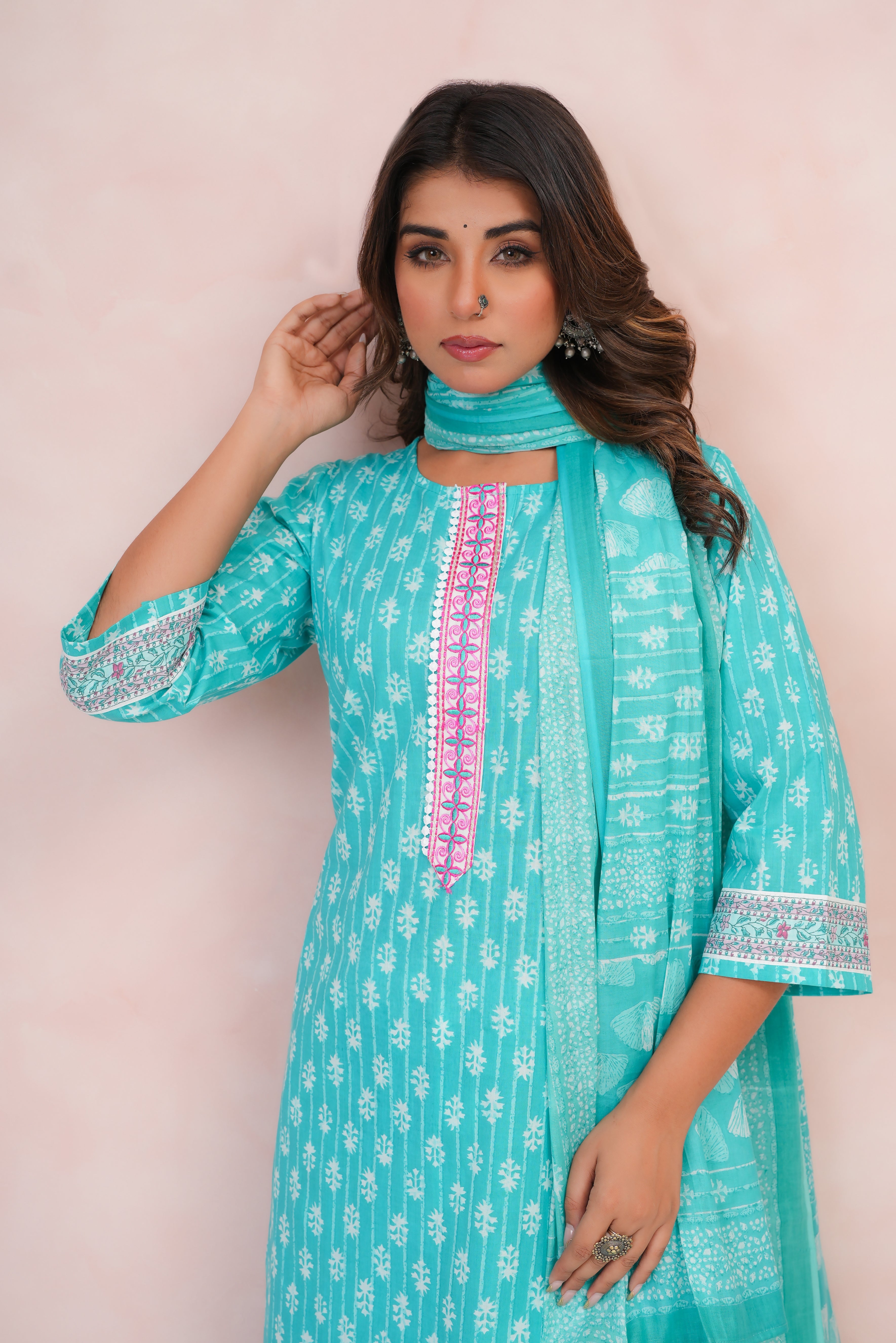Turquoise Motif Printed Cotton Suit Set