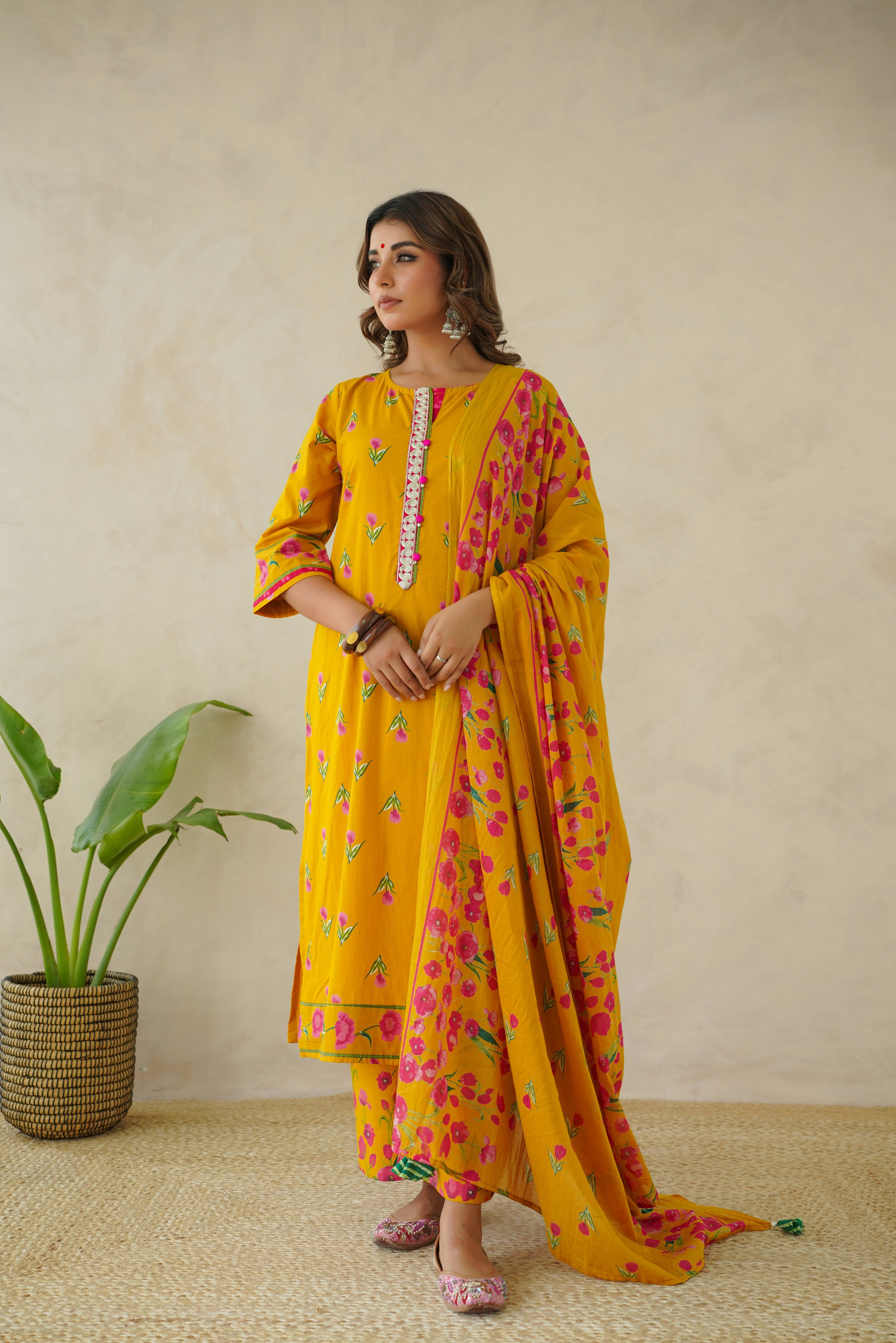 Mustard Floral Printed Suit Set