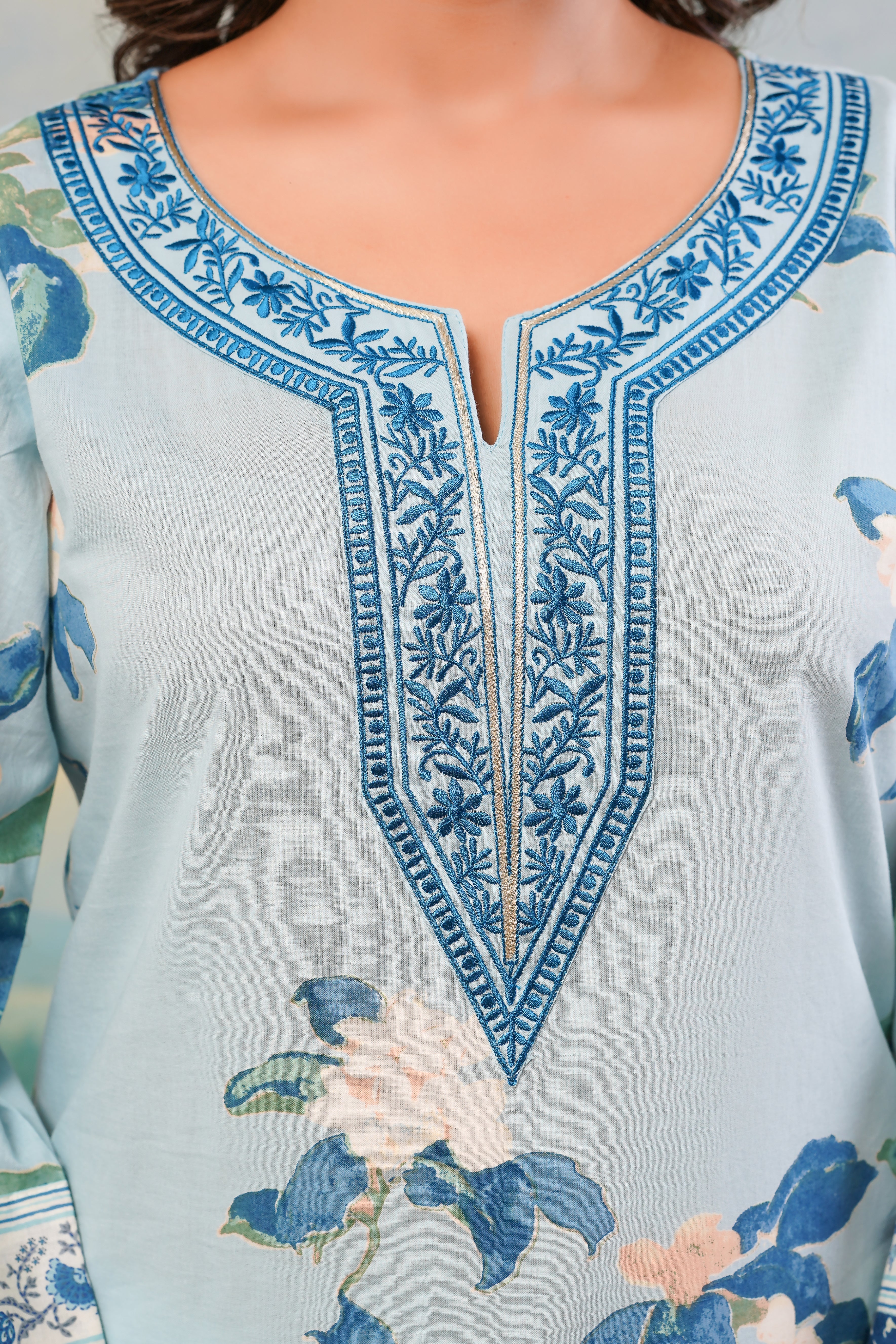 Blue Floral Printed Cotton Kurta