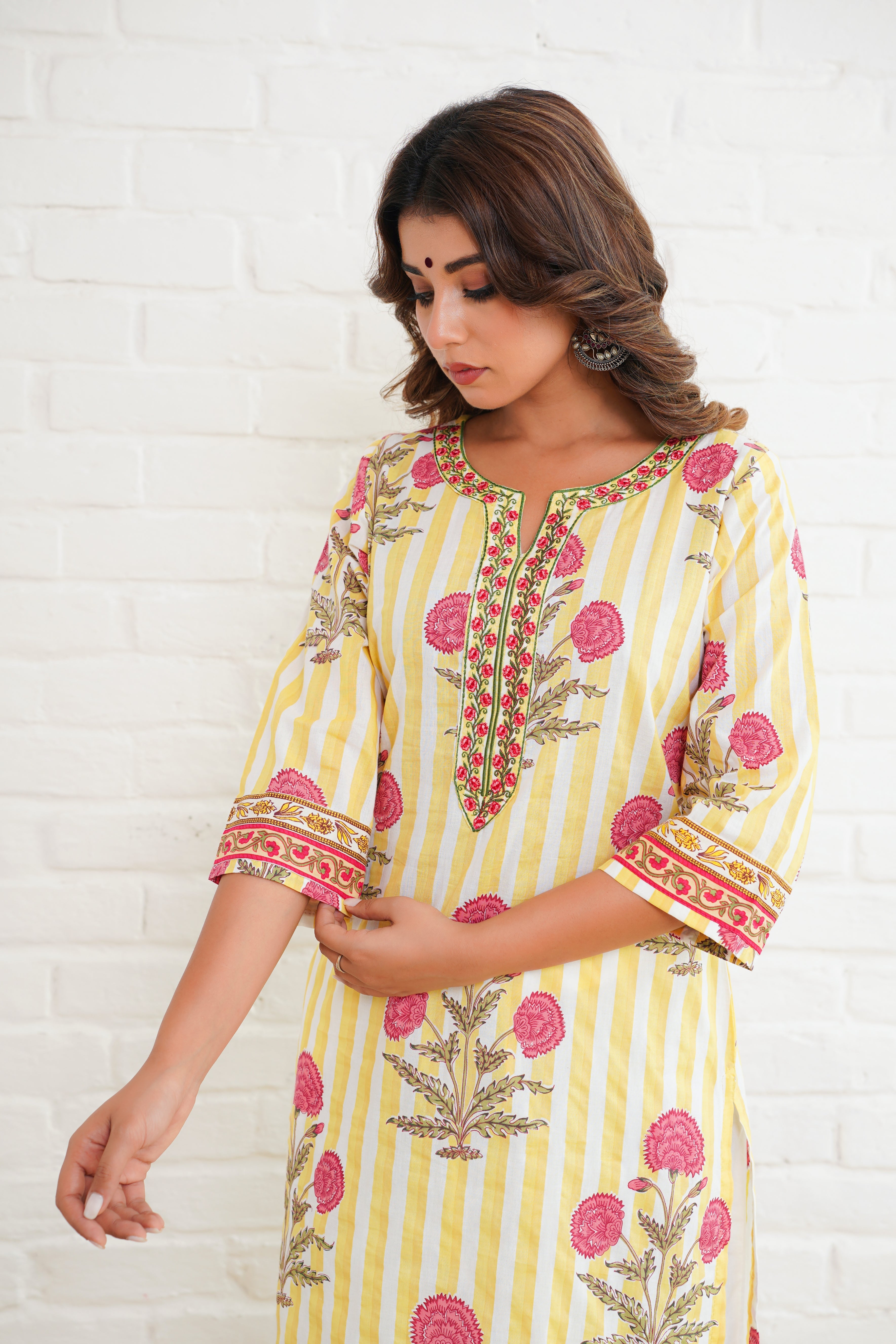 Yellow Stripe Printed Cotton Kurta