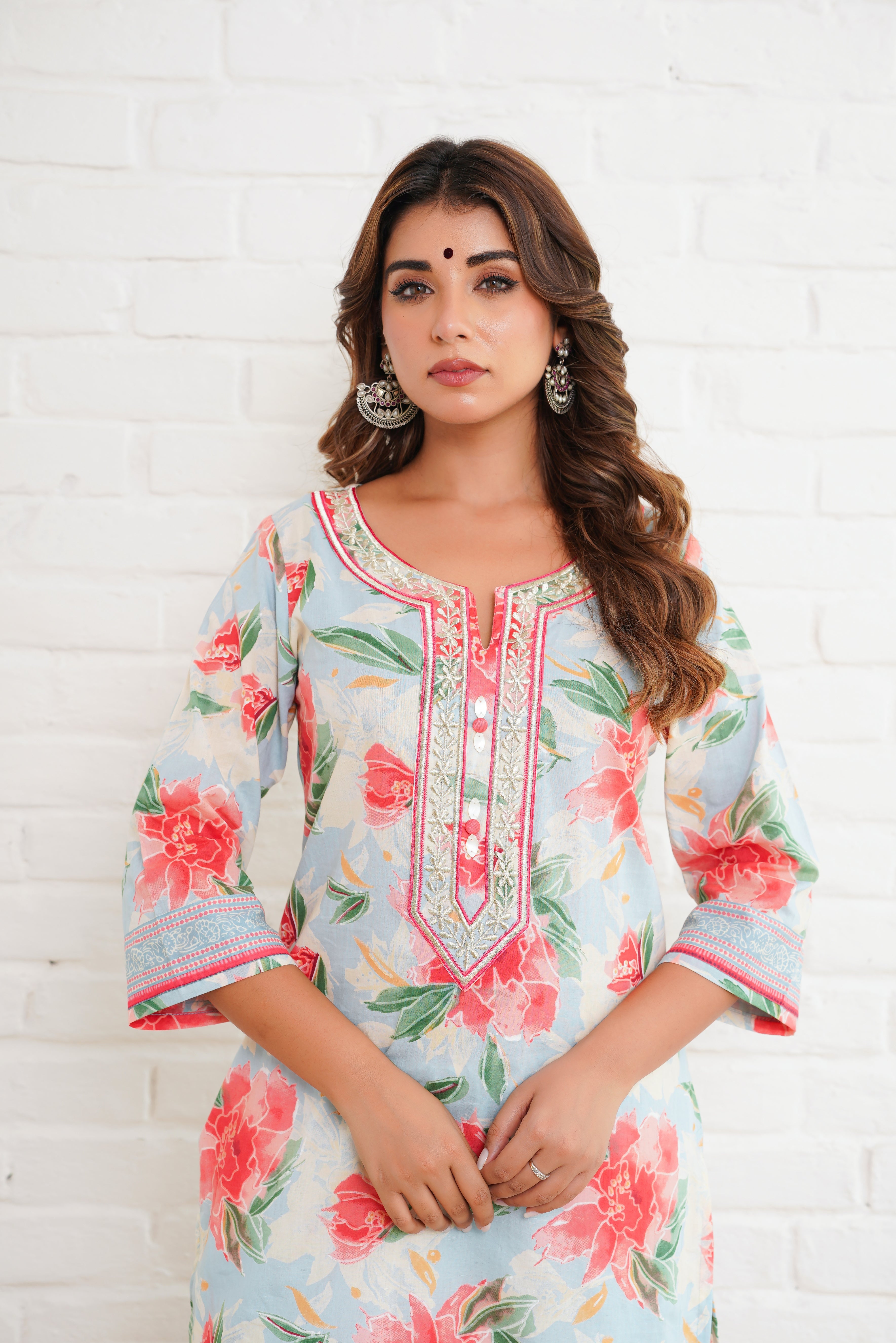 Blue Floral Printed Cotton Kurta