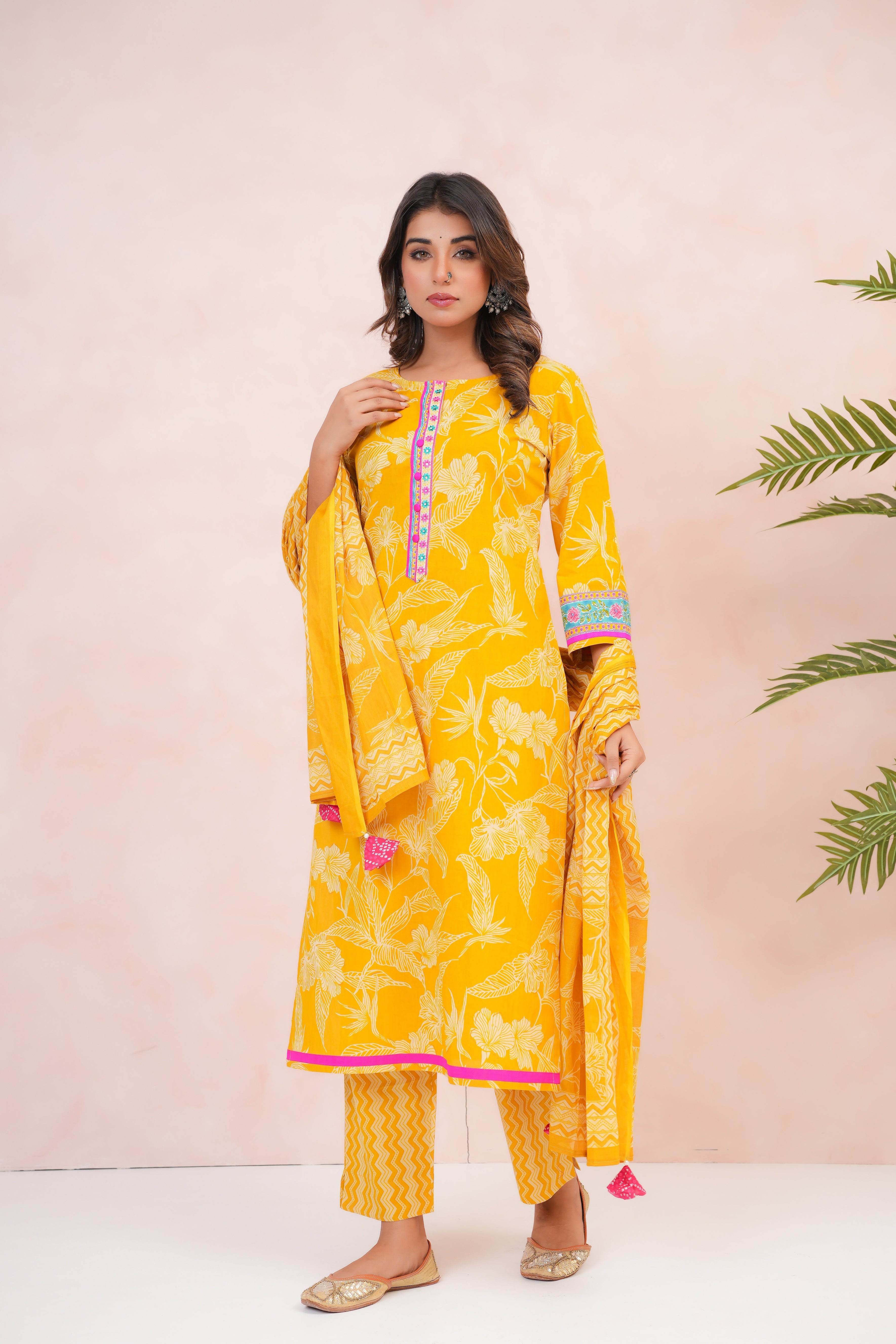 Mustard Floral Printed Cotton Suit Set