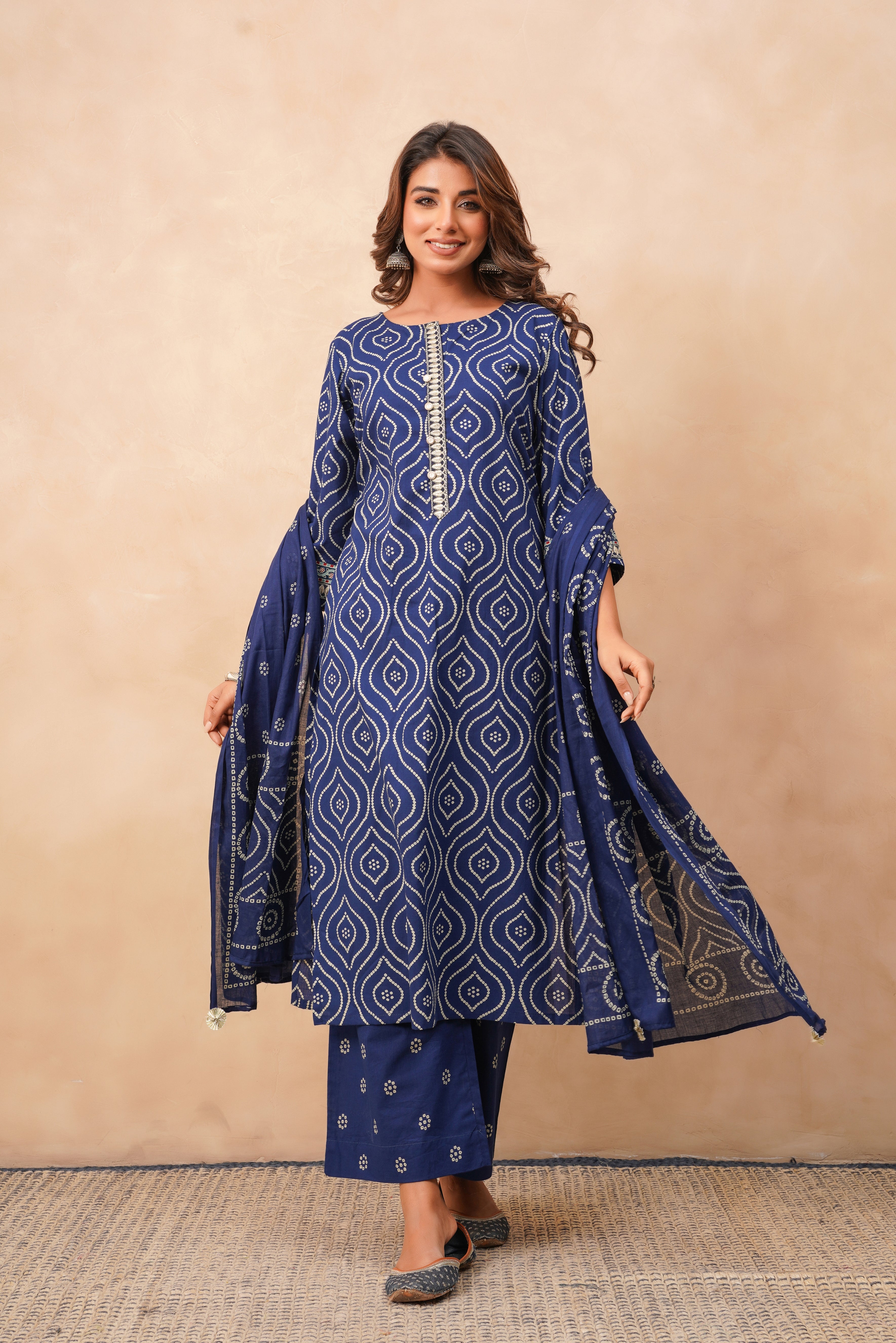 Blue Bhandej Printed Cotton Suit Set