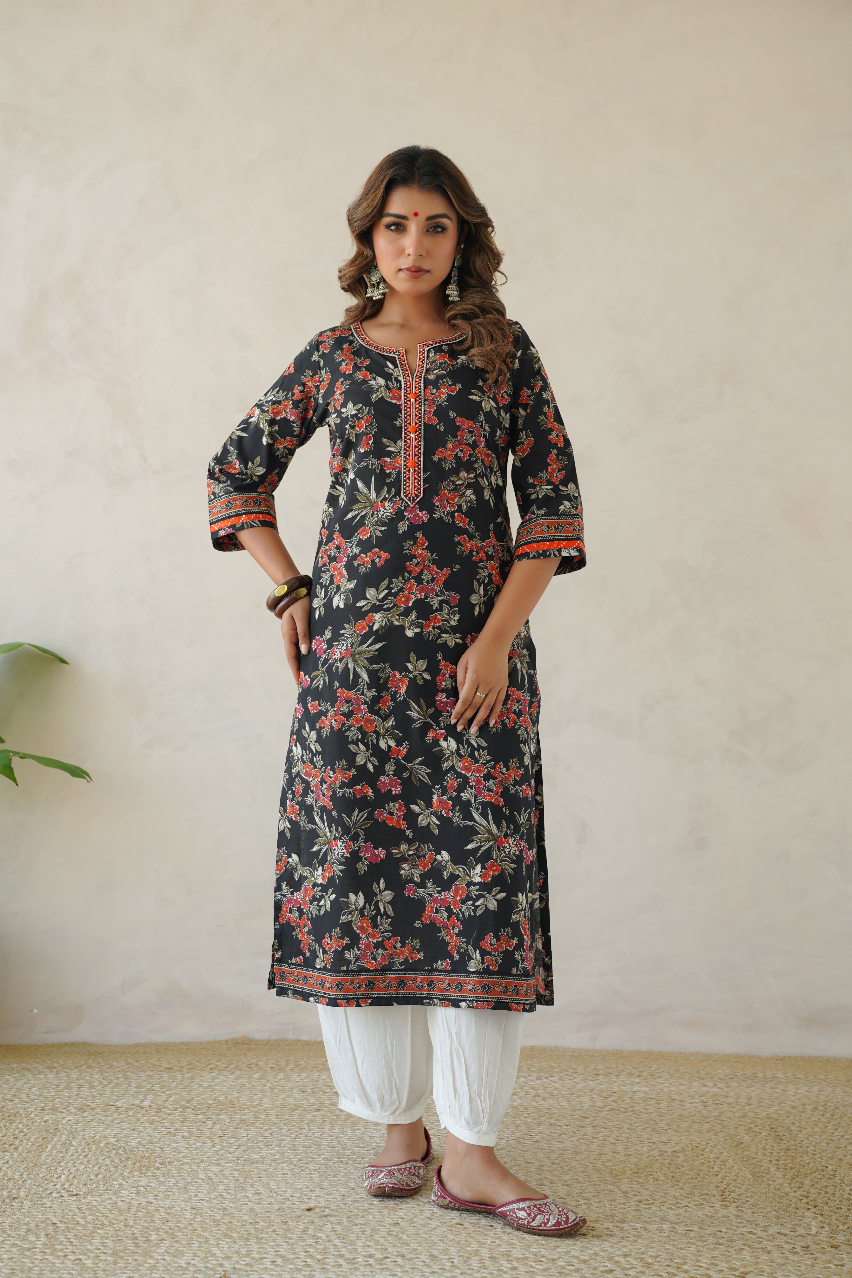 Black Floral Cotton Printed Kurta