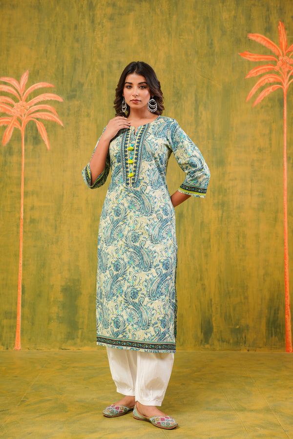 Firozi Paisley Printed Cotton Kurta