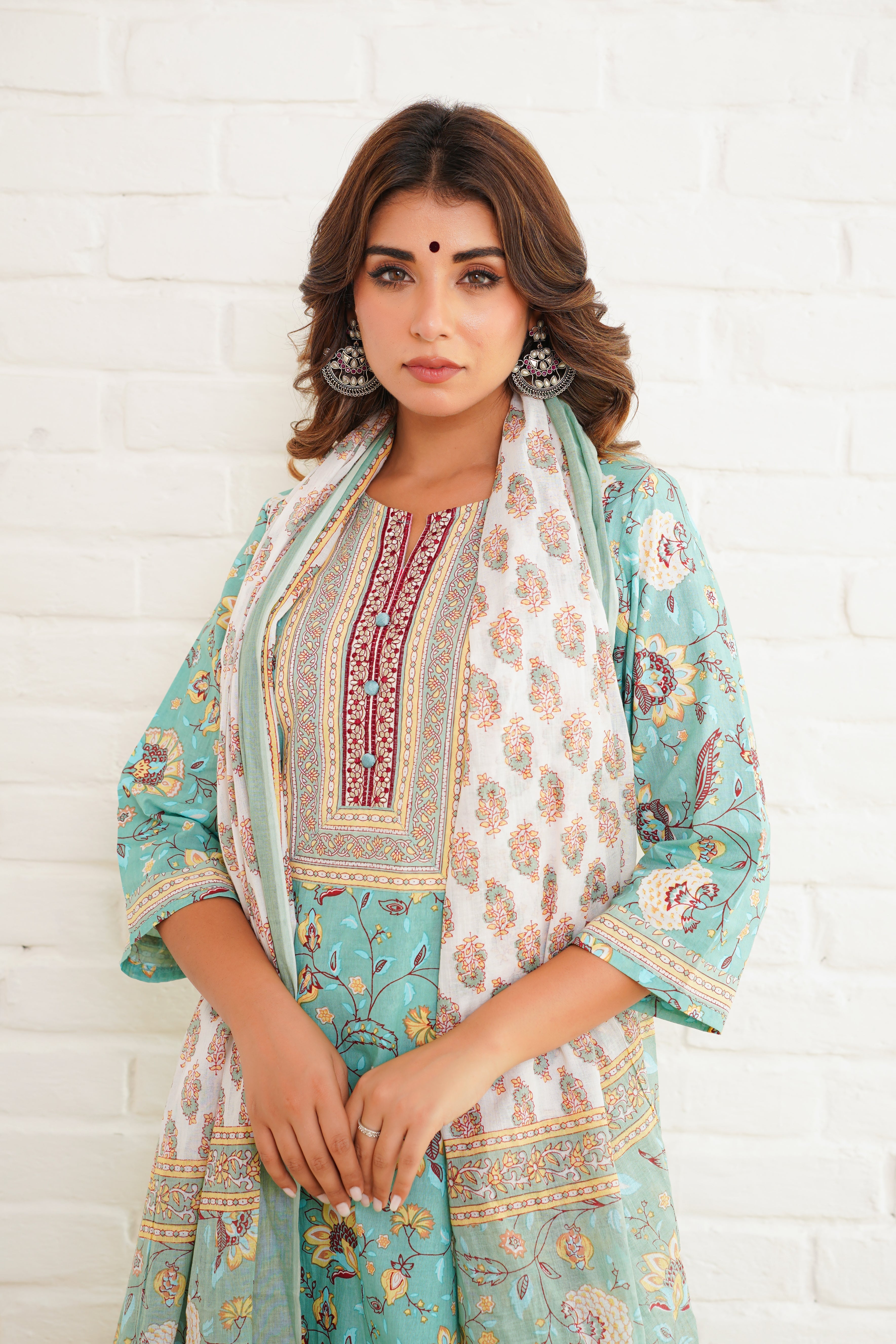 Sea Green Printed Cotton Suit Set