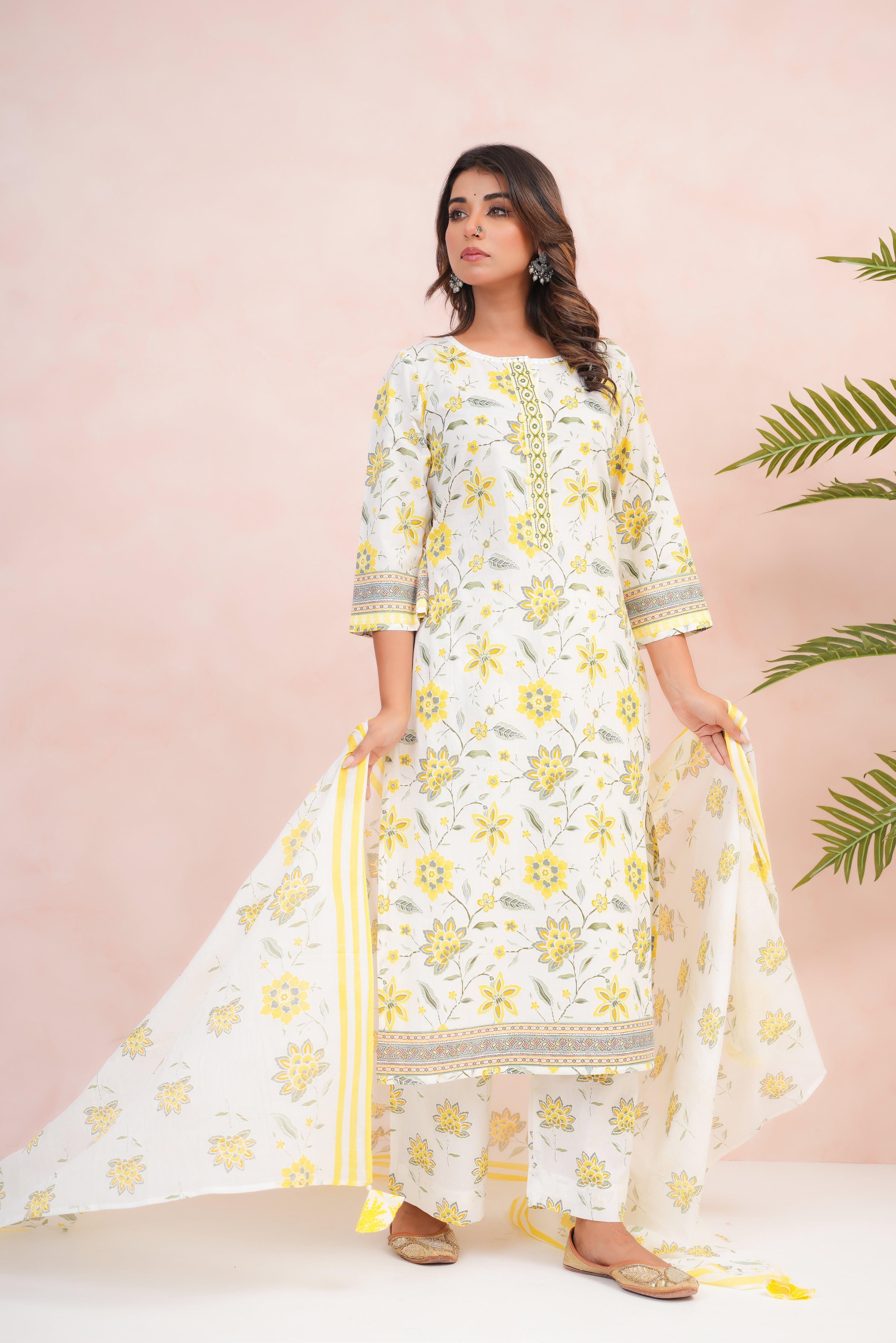 Lemon Floral Printed Cotton Suit Set