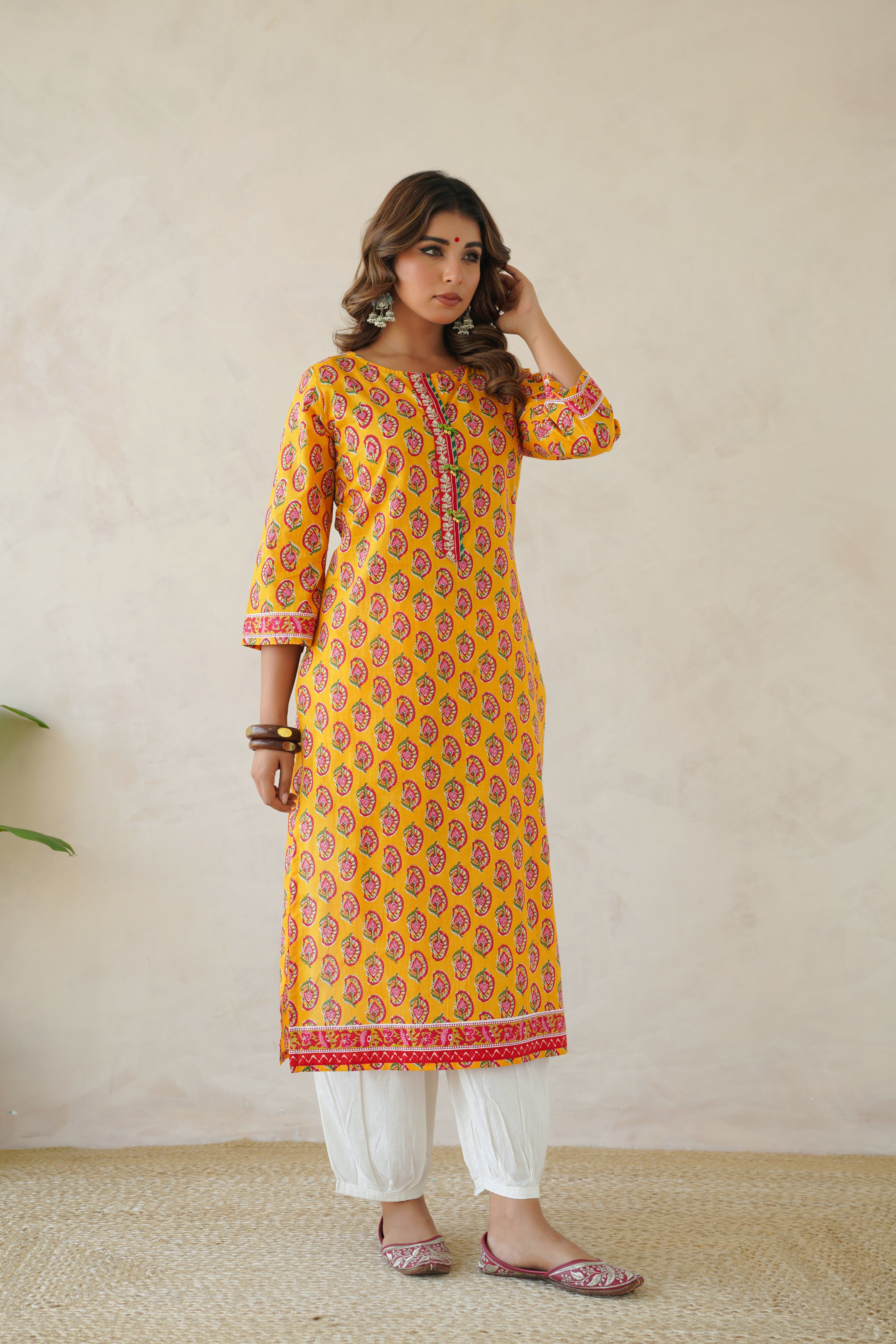 Yellow Motif Cotton Printed Kurta