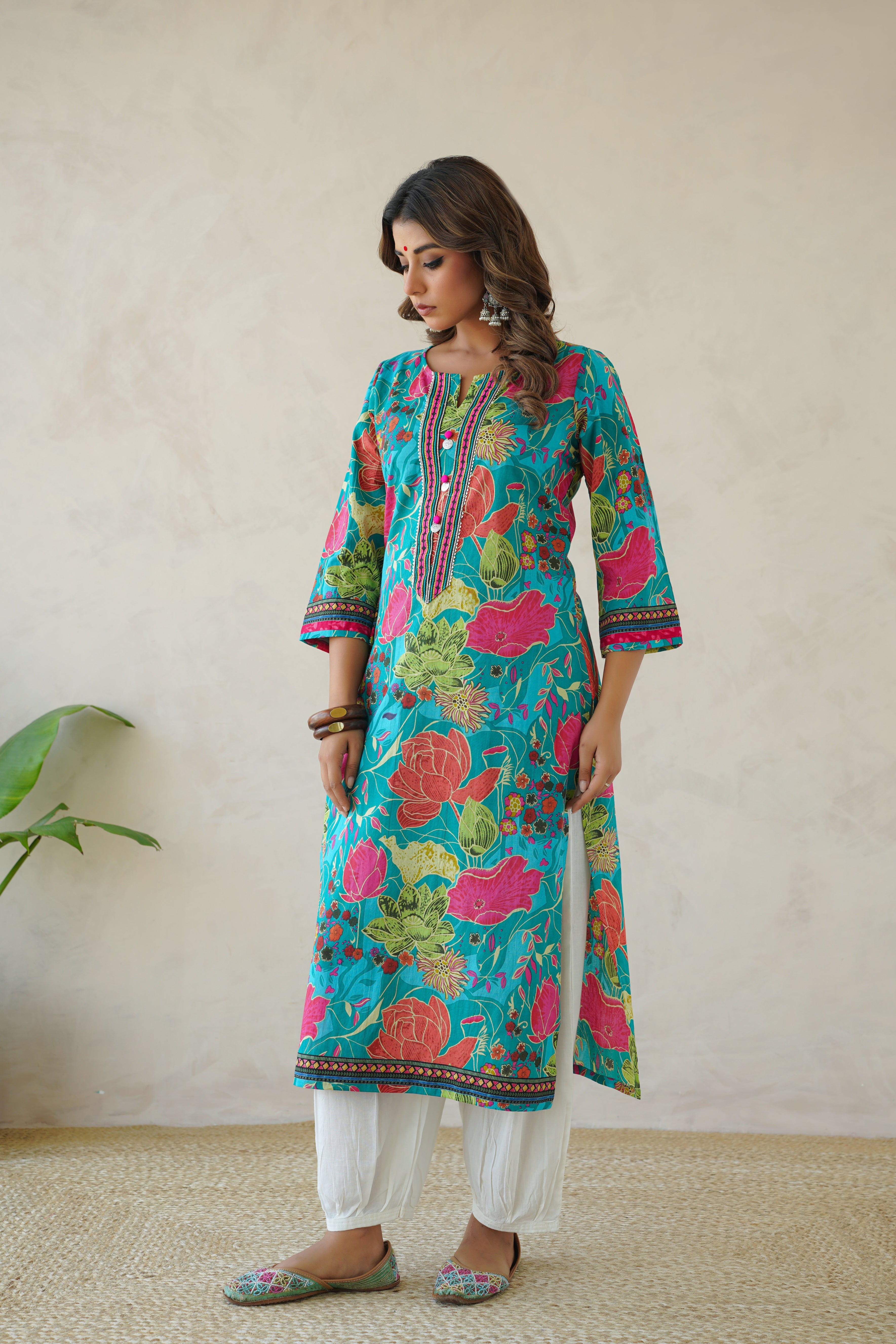 Firozi Multi Floral Cotton Printed Kurta