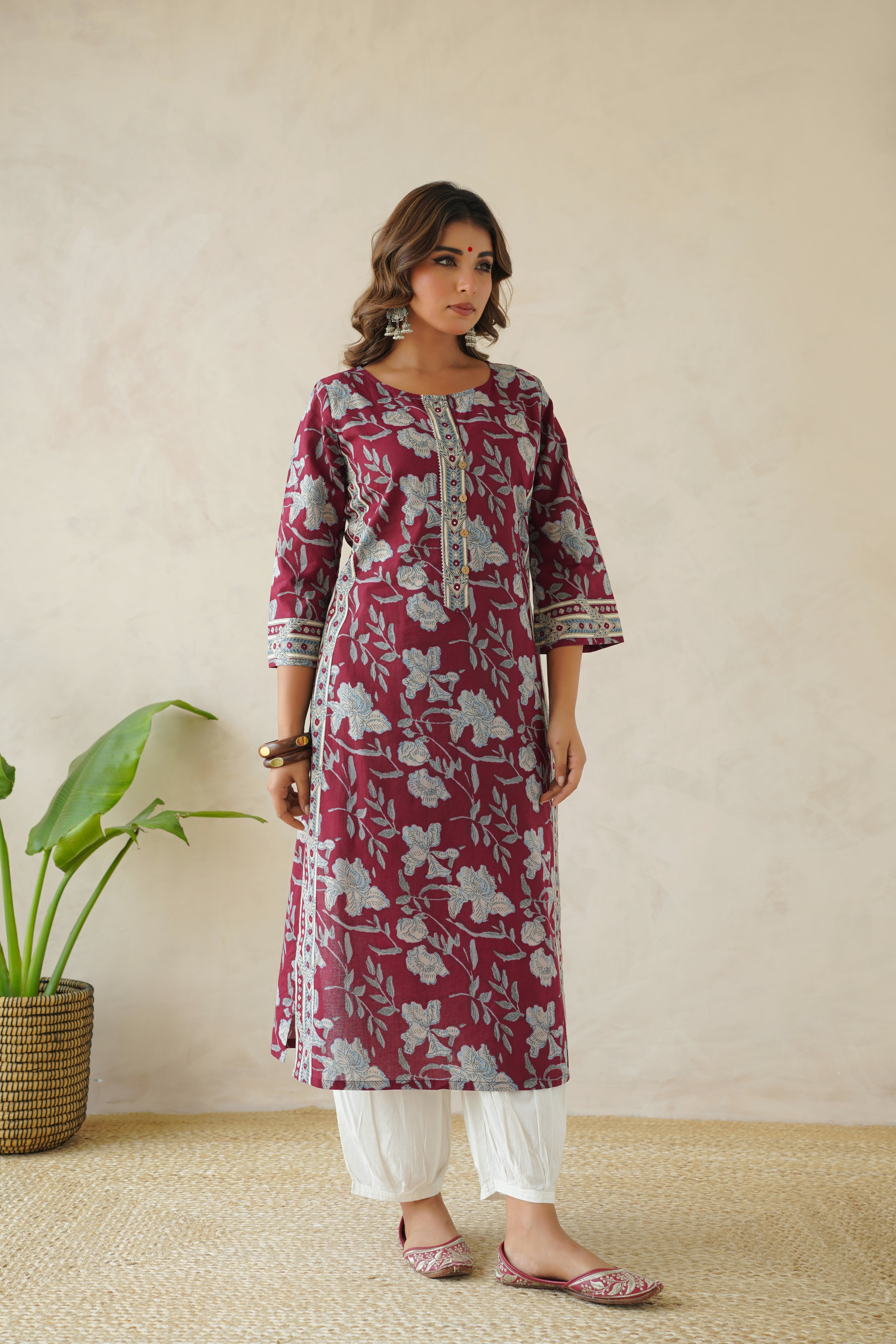 Wine Floral Cotton Printed Kurta