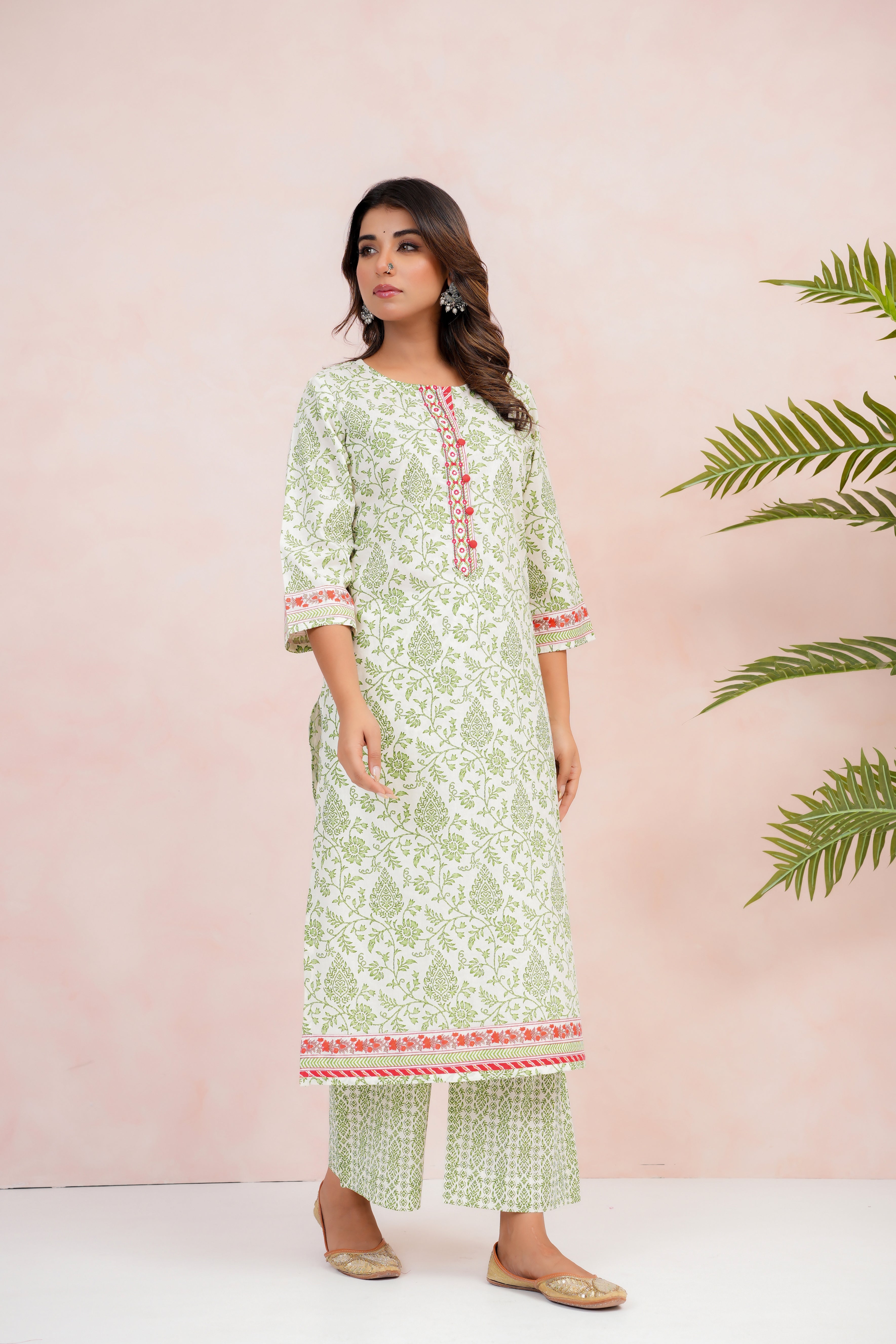 Green Motif Printed Cotton Suit Set