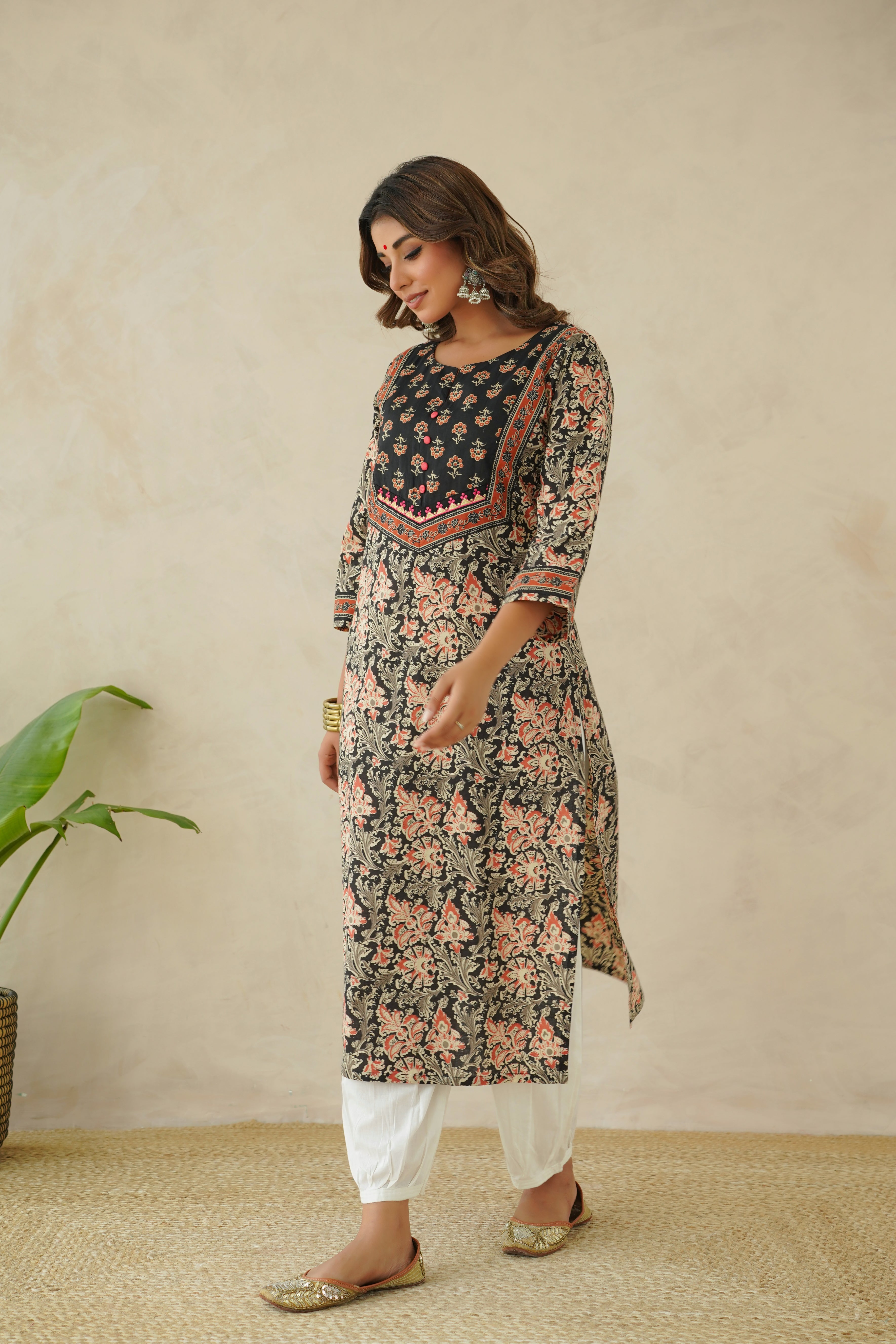 Black Floral Cotton Printed Kurta