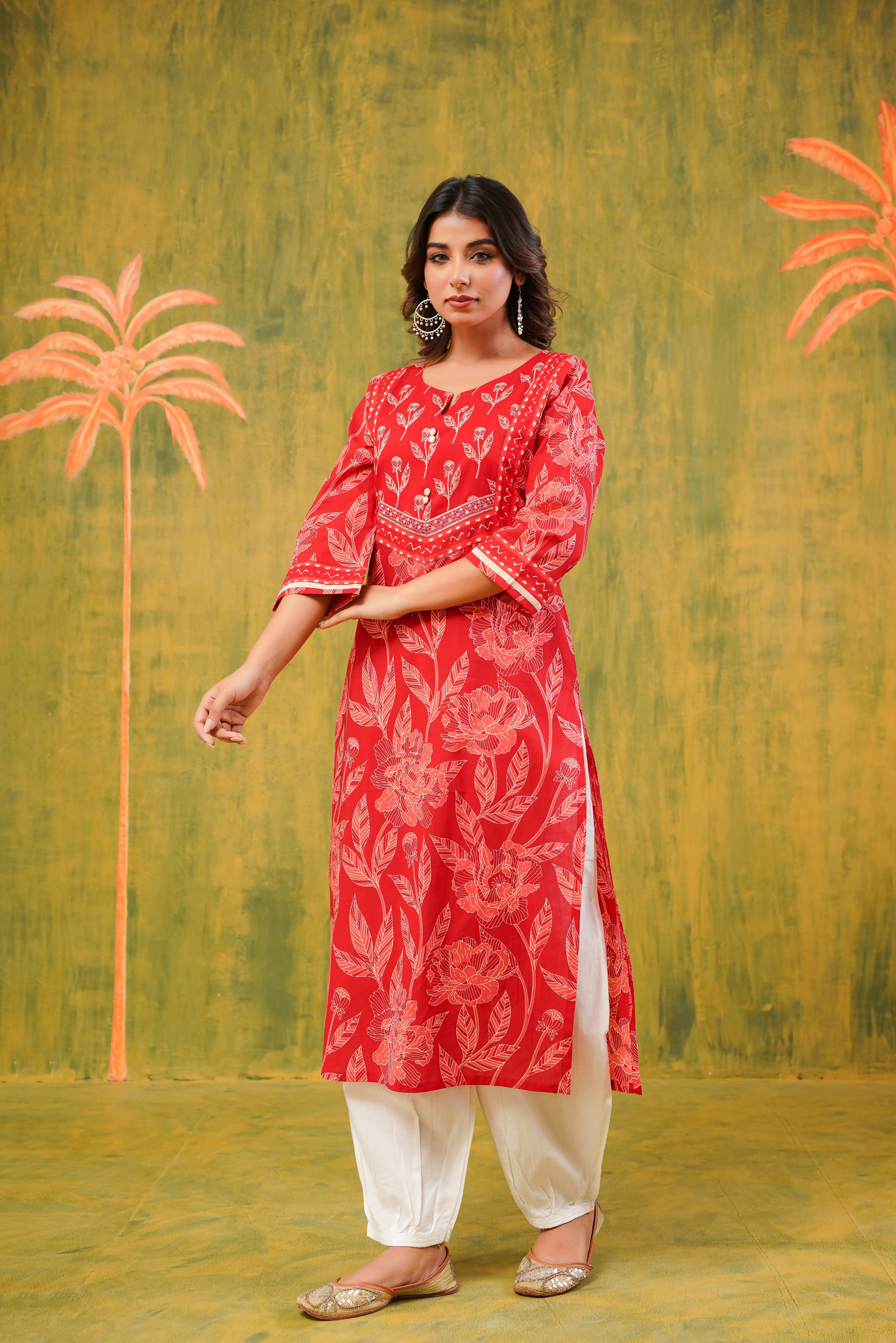 Red Floral Cotton Printed Kurta