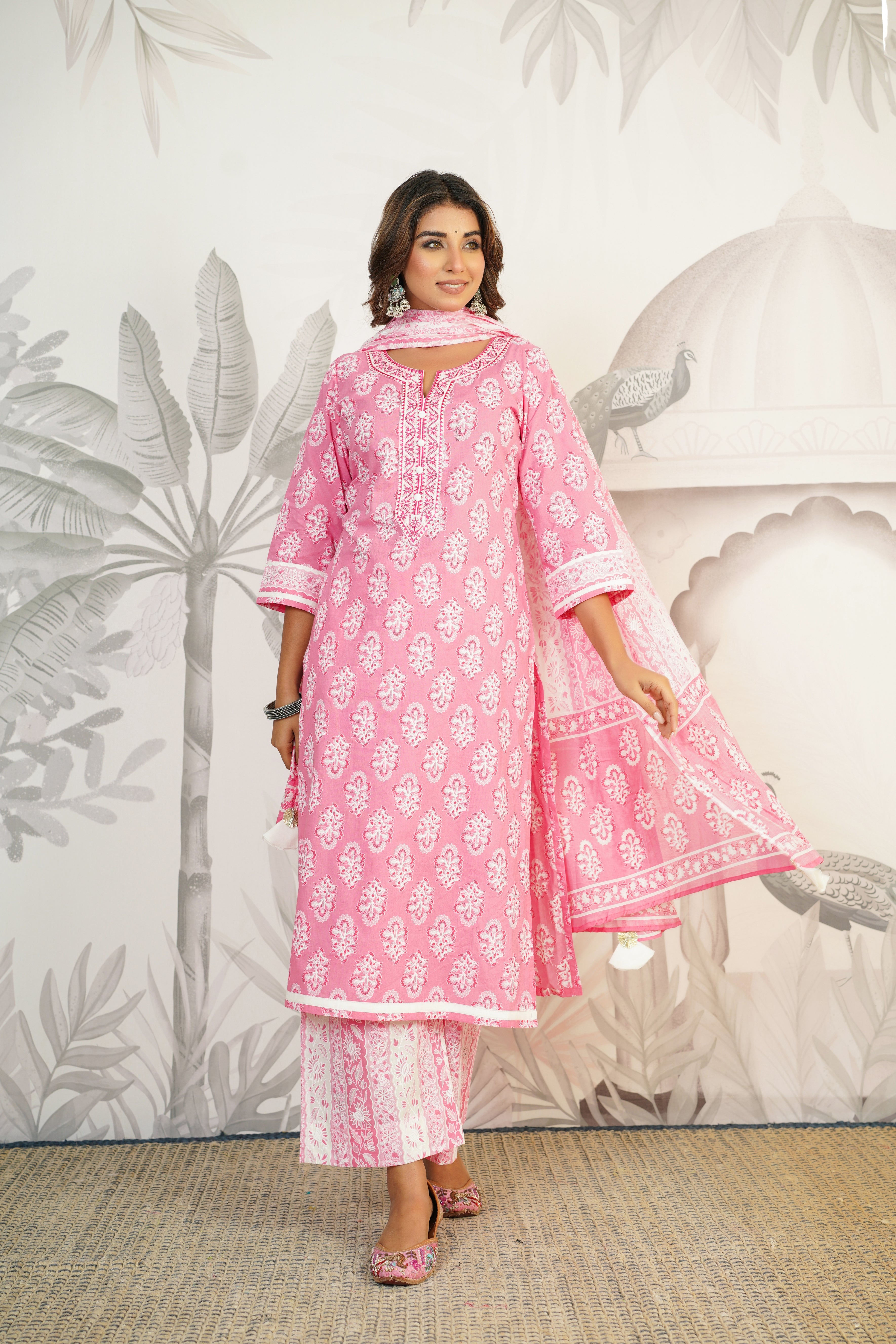 Pink Floral Printed Cotton Suit Set