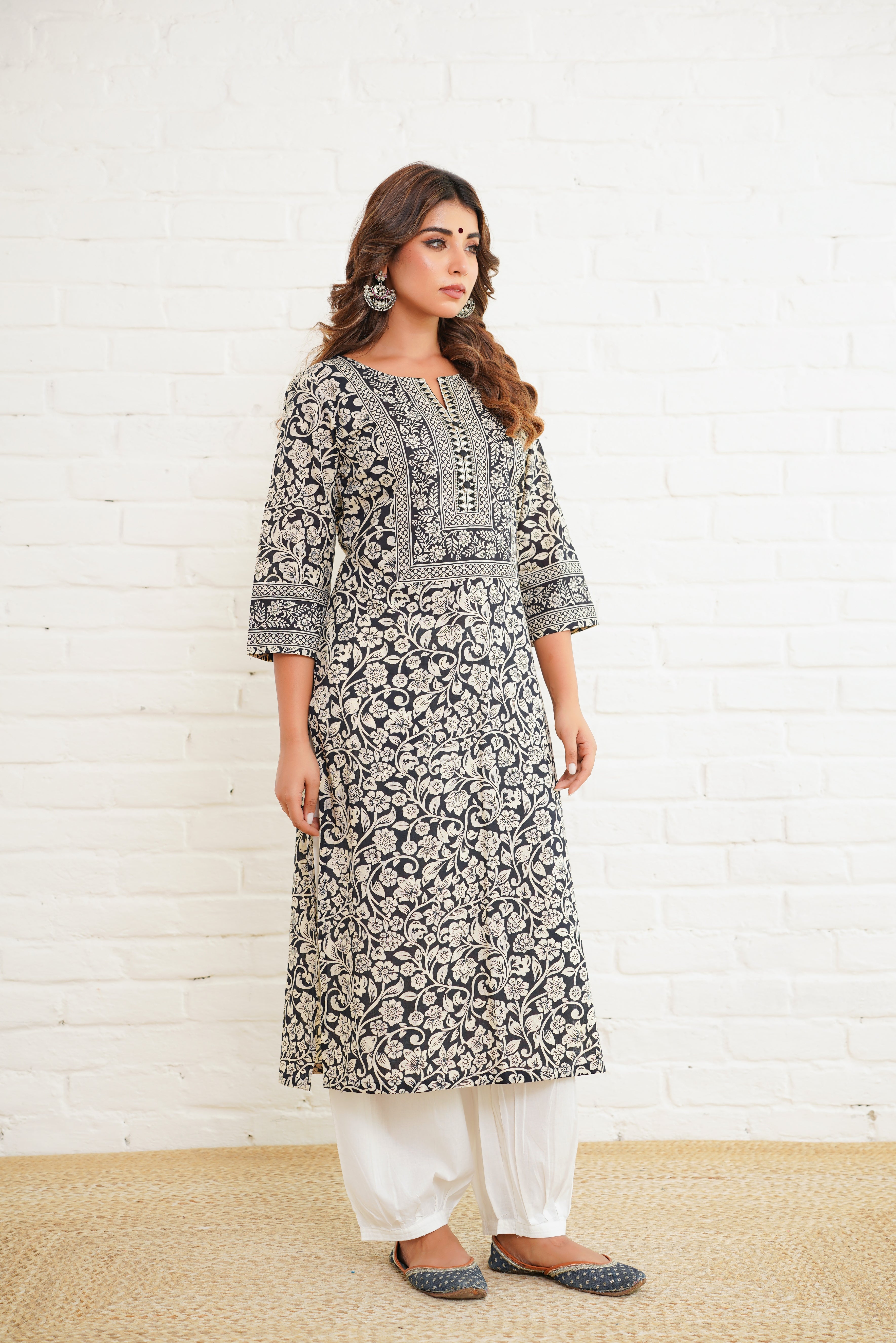 Black Floral Cotton Printed kurta